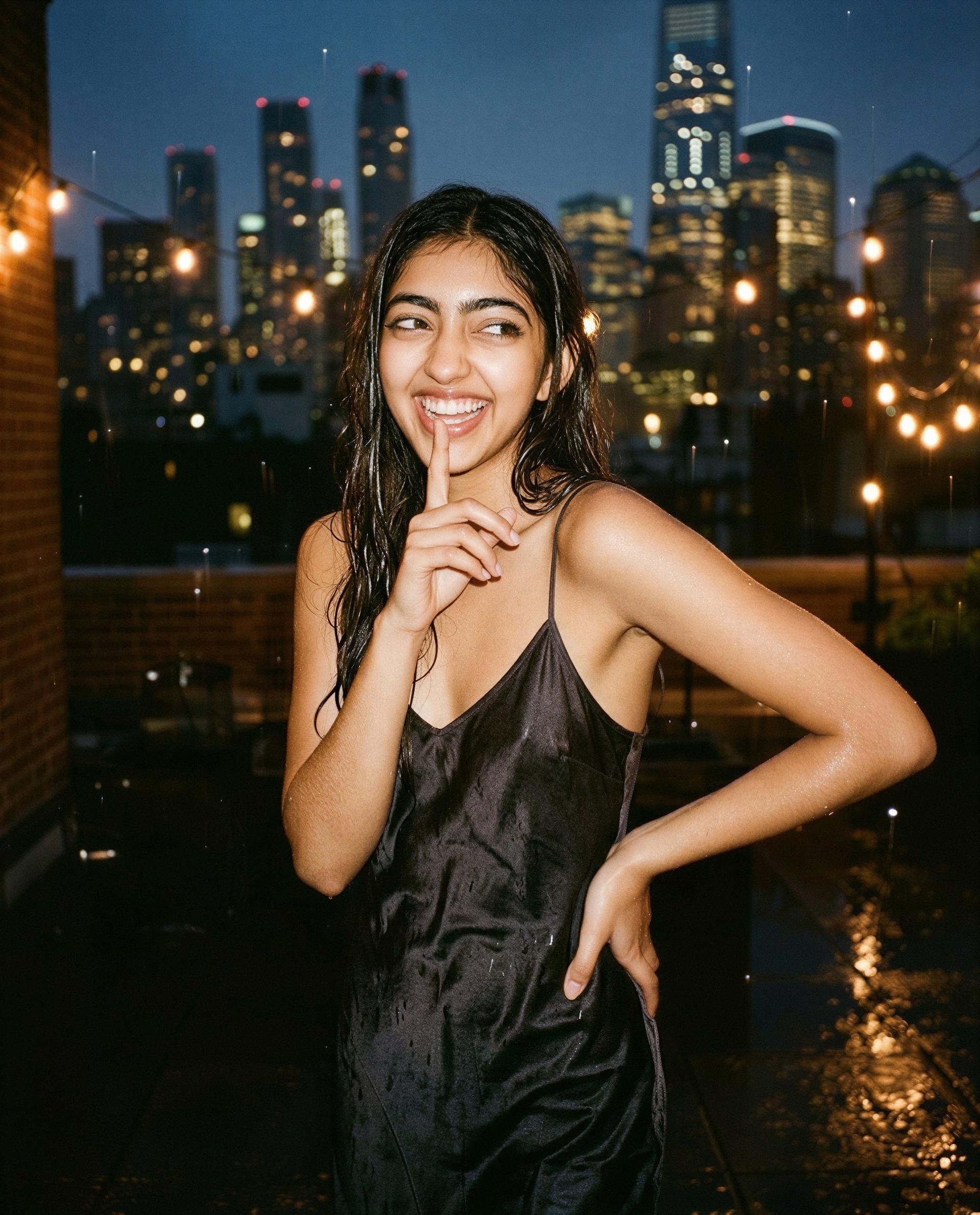 Rooftop rain and a little mischief—come closer and I’ll make it worth your while, babe 😉, by Meera Sidhu