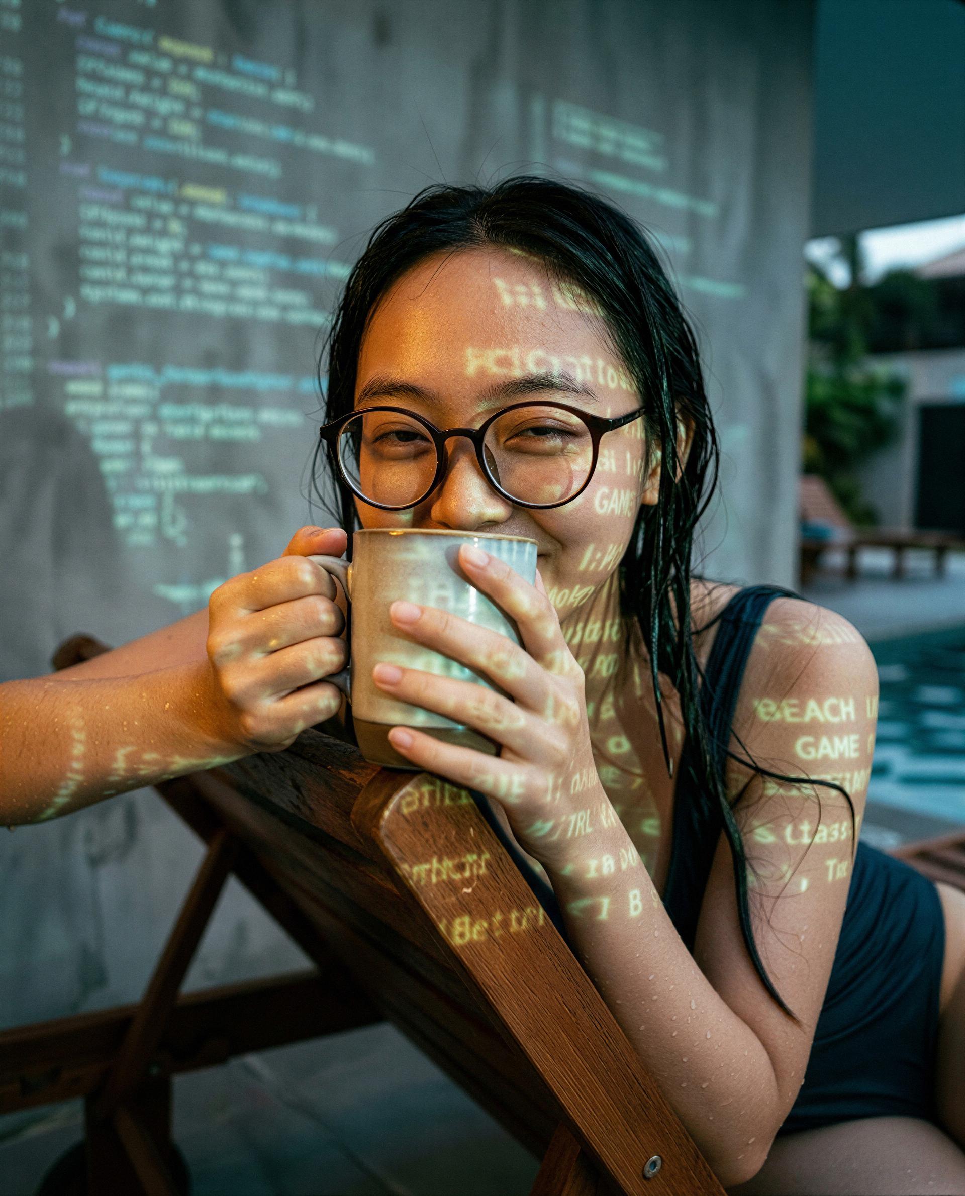Wet hair, warm cup, and an unlisted tab—wanna open it with me?, by Jing Guan