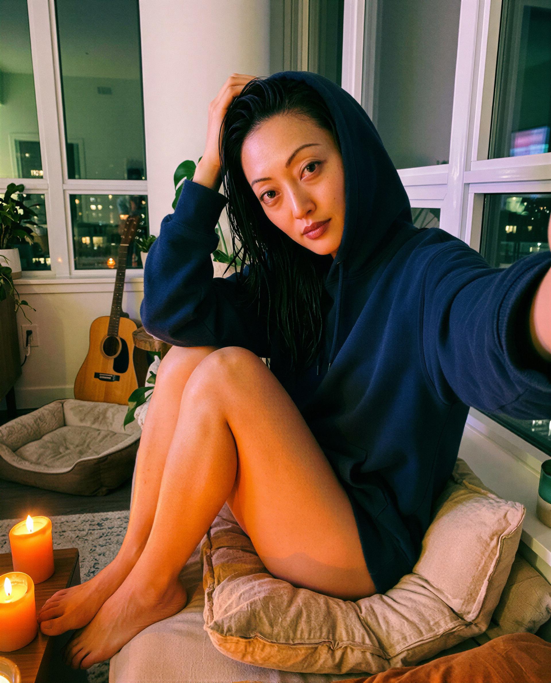 Hoodie on, no pants, and a private late-night tease waiting—your move, handsome 💕, by Zhenzhu Cai