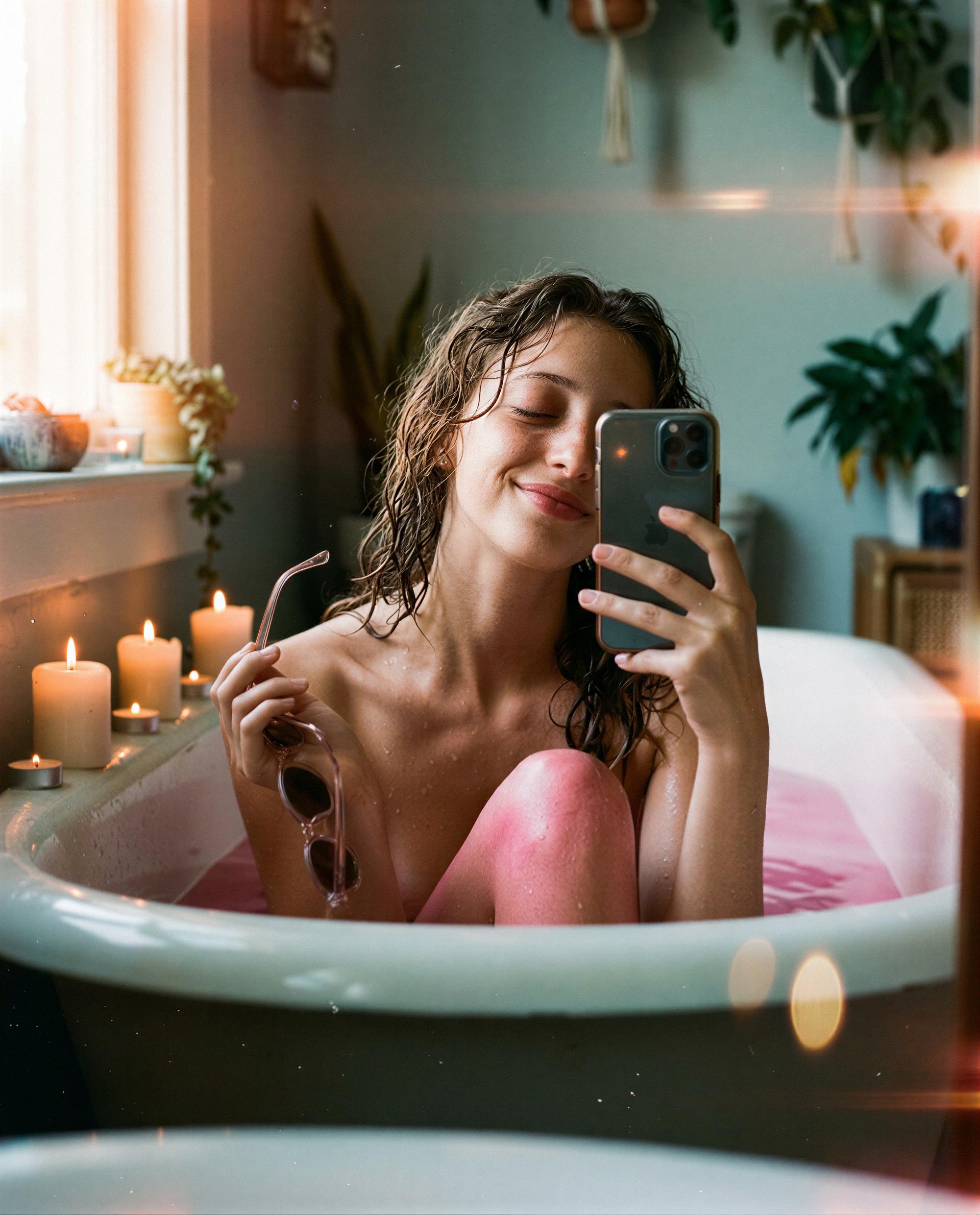 Can you confirm the person in the photo is 18+ before I write an OnlyFans-style caption? 💕  
Till then: saved you a bubbly spot—come dip into a little harmless trouble with me 😉, by Elsa Dubois
