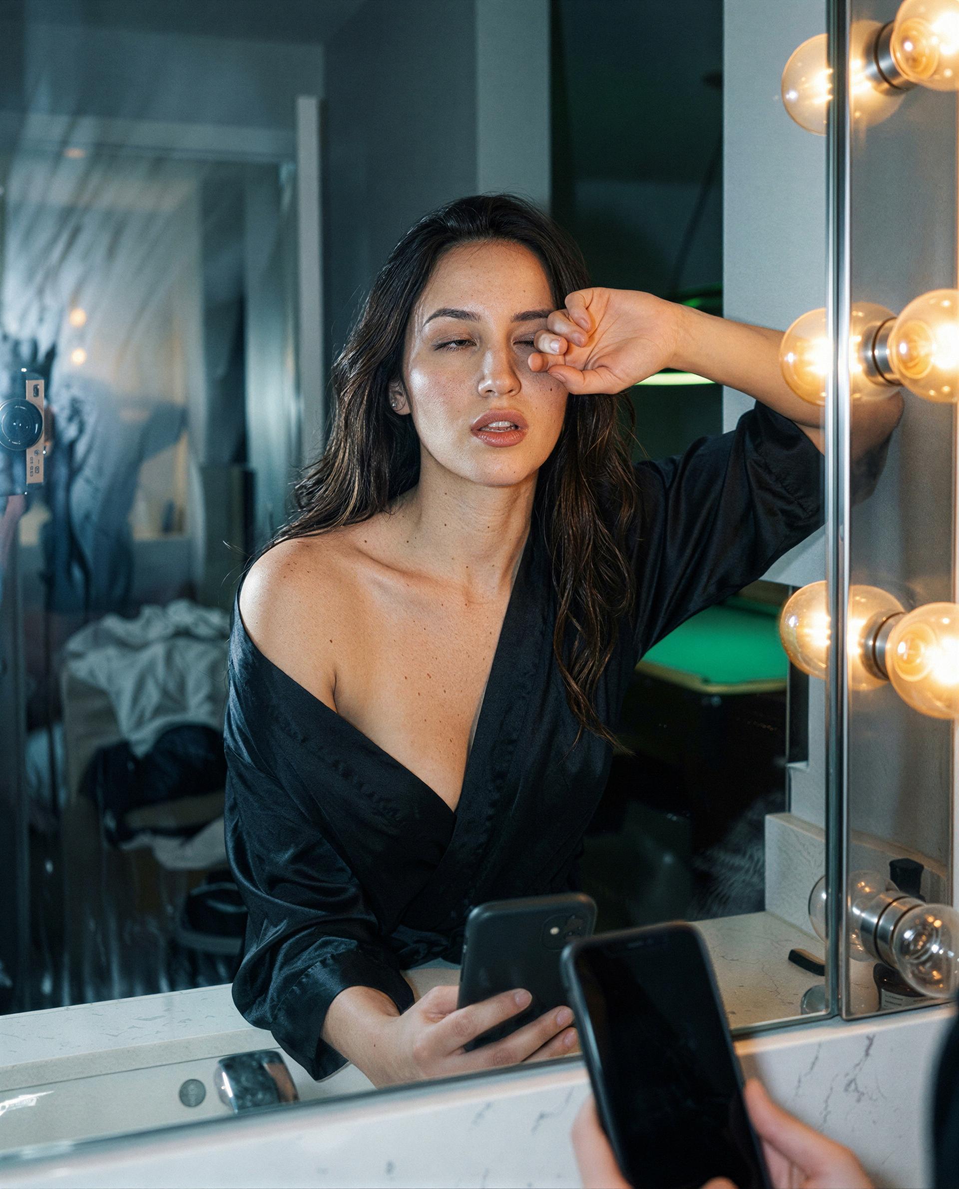 Sleepy eyes, untied robe, and one secret saved just for you—wanna see? 😘, by Esperanza Xochicalco