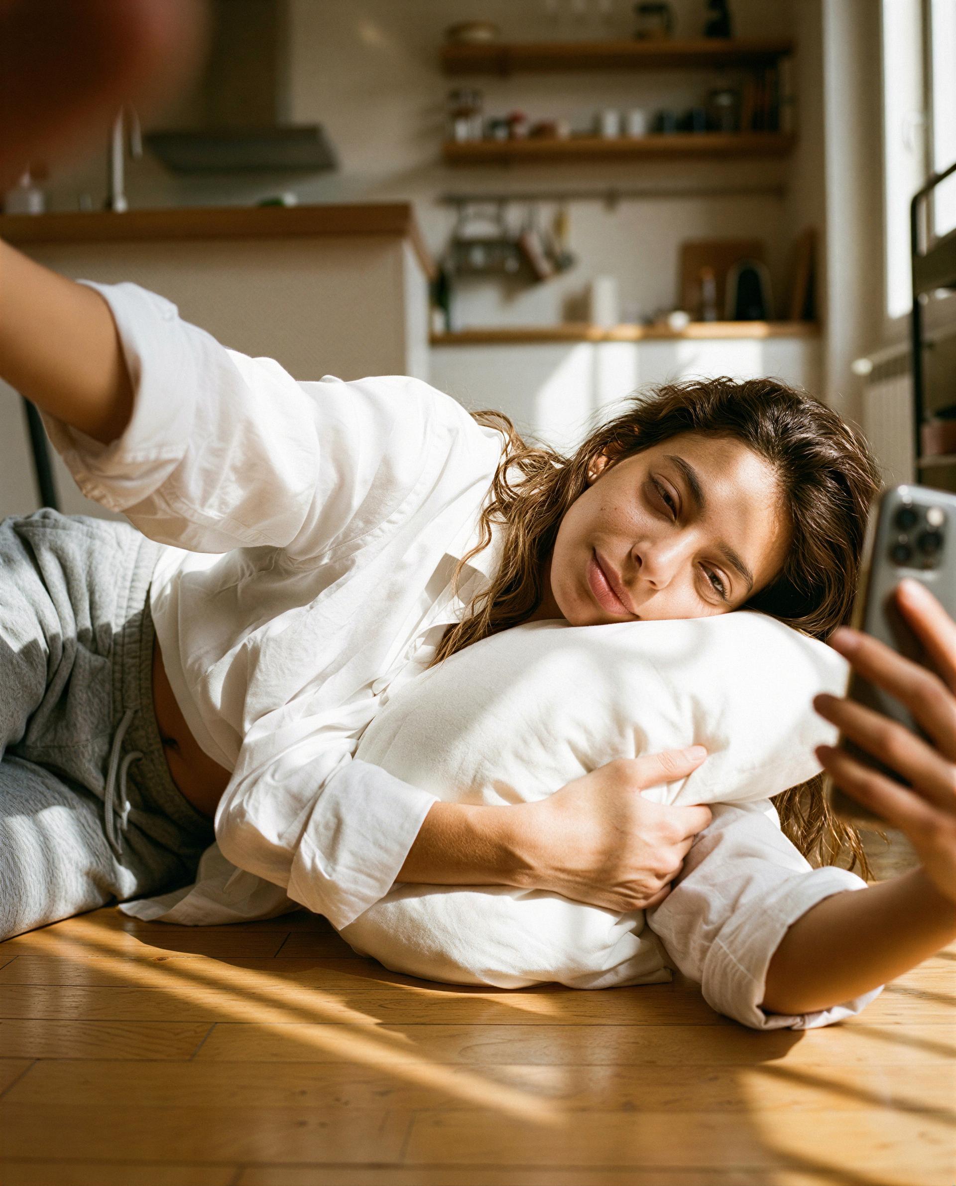 Pillow hugged, hair a mess, saving all my best moves just for you—ready to claim them? 😘, by Aafke Klaassen