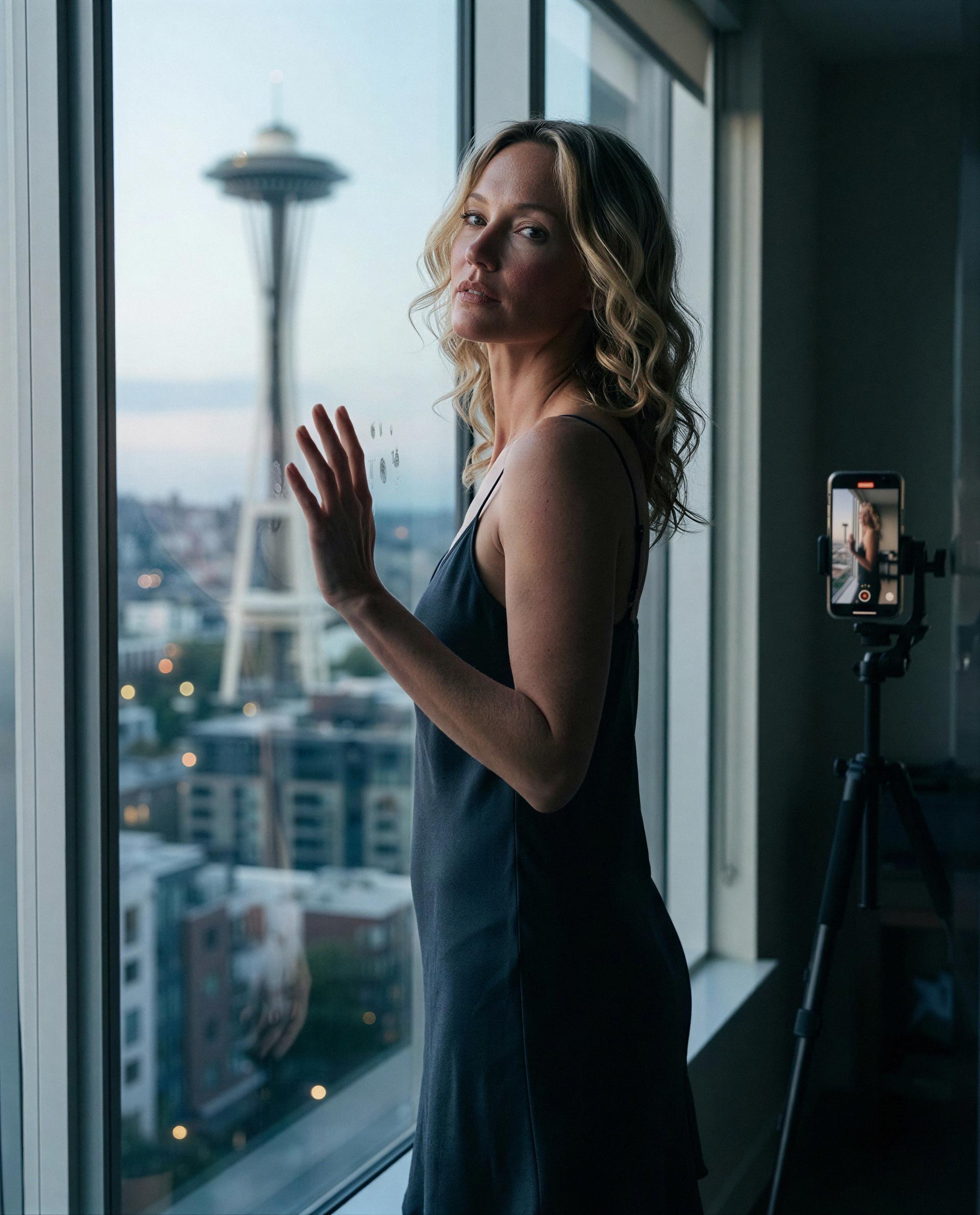 Skyline on mute, my skin on loud—book me for a private night and I’ll turn up the volume 😘, by Bettina Weber