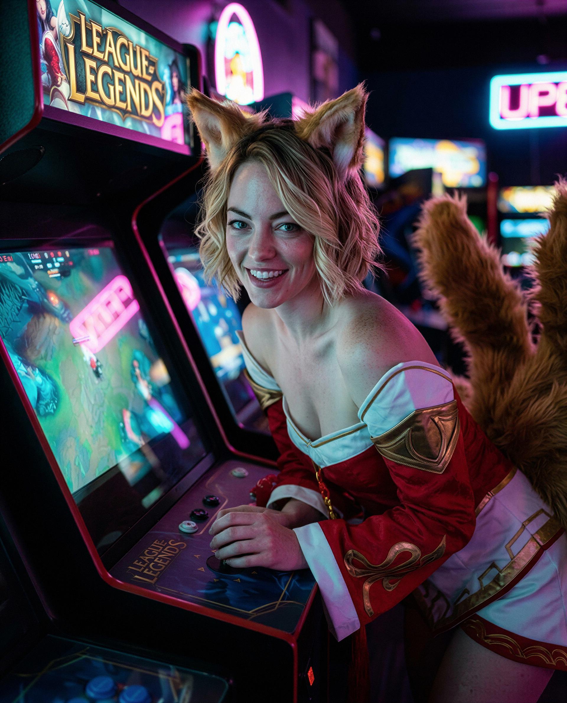 Arcade's glowing, ears up, and I’m playing just for you - beat me and claim your prize 😘, by Erin Frank