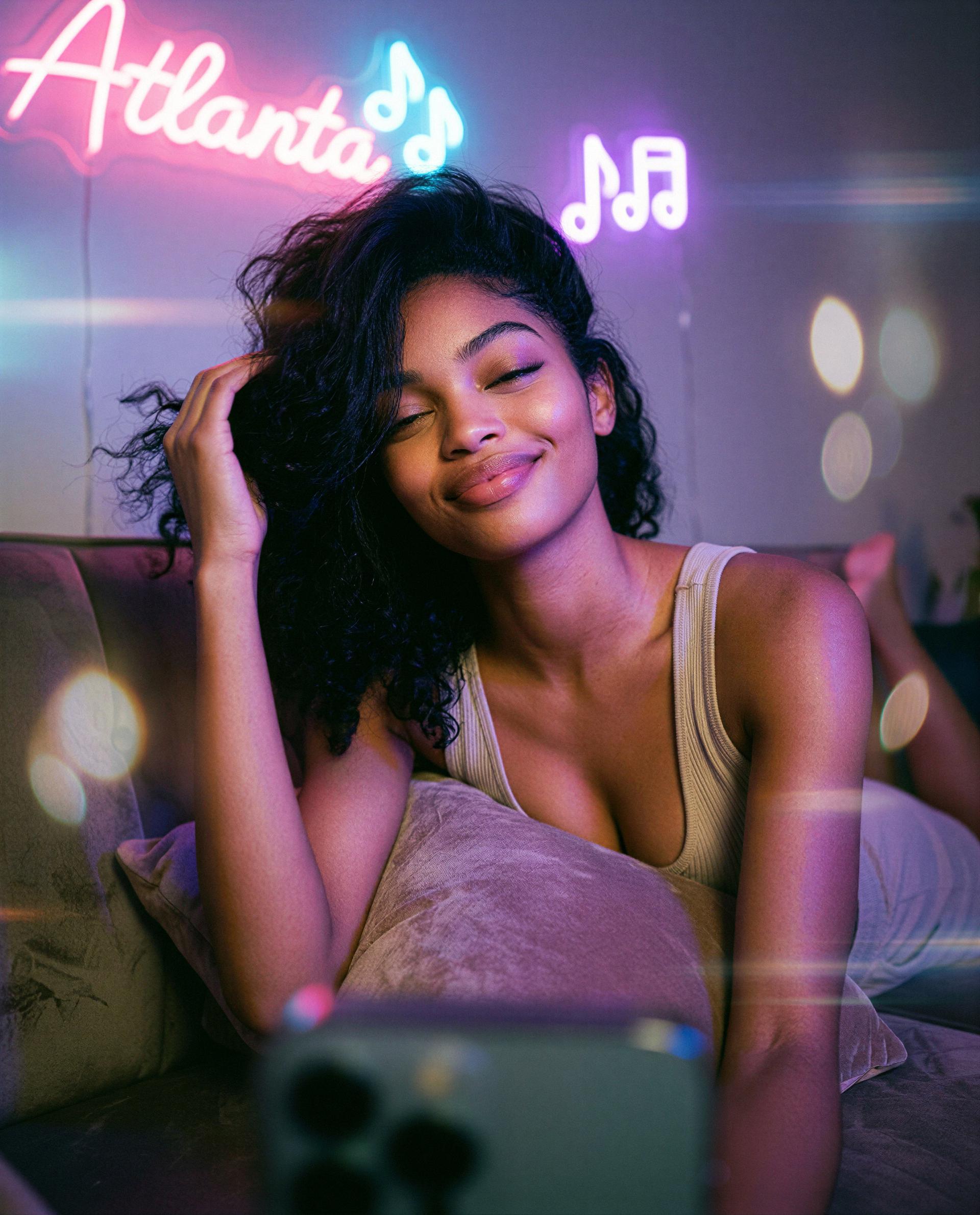Neon skies and soft sighs—send a little love and I'll make tonight yours. 😉, by Samira Zulu