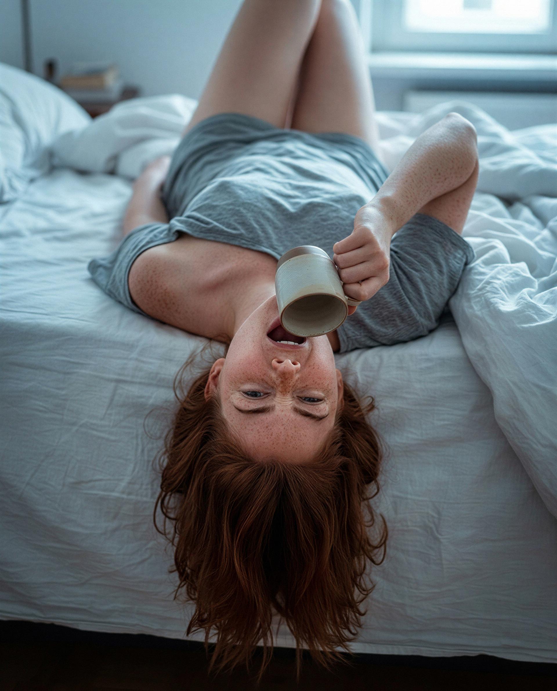 Hanging upside down with a mug and a wicked grin - come steal a taste, baby 😉💕, by Abigail Farrell