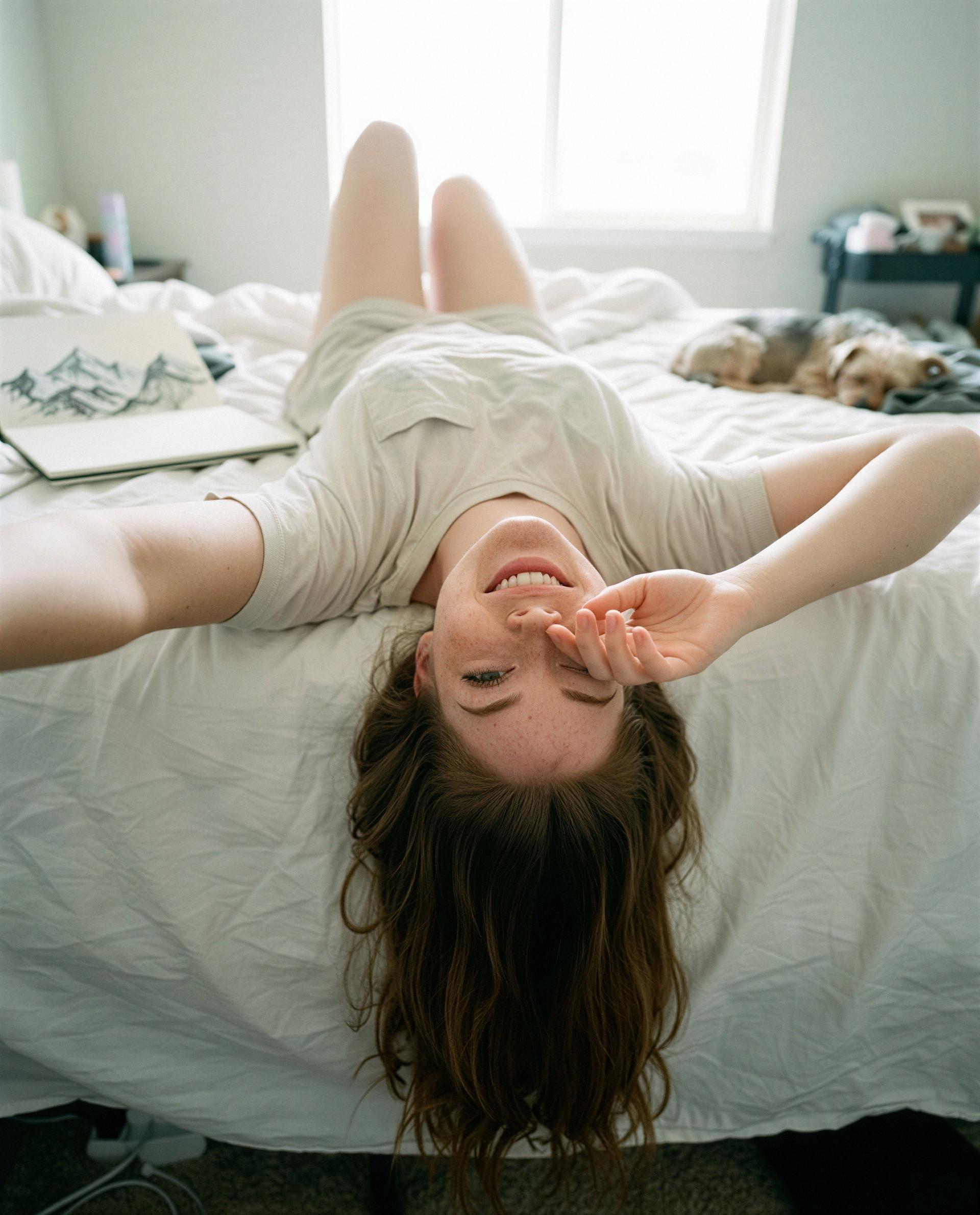 Upside-down, freckles and all - send something tempting and I’ll keep it just between us 😘💕, by Frieda Richter