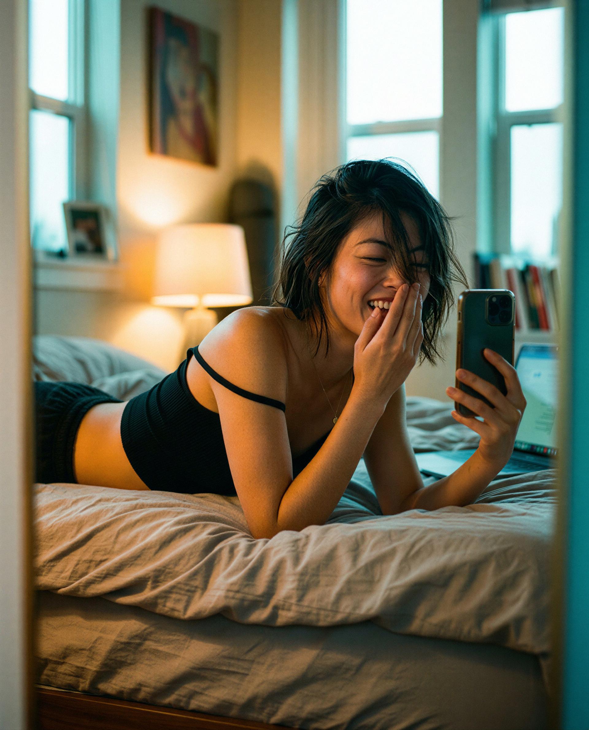 Phone’s on, sheets warm—think you can make me smile like this in private? 😉, by Roshni Karimov