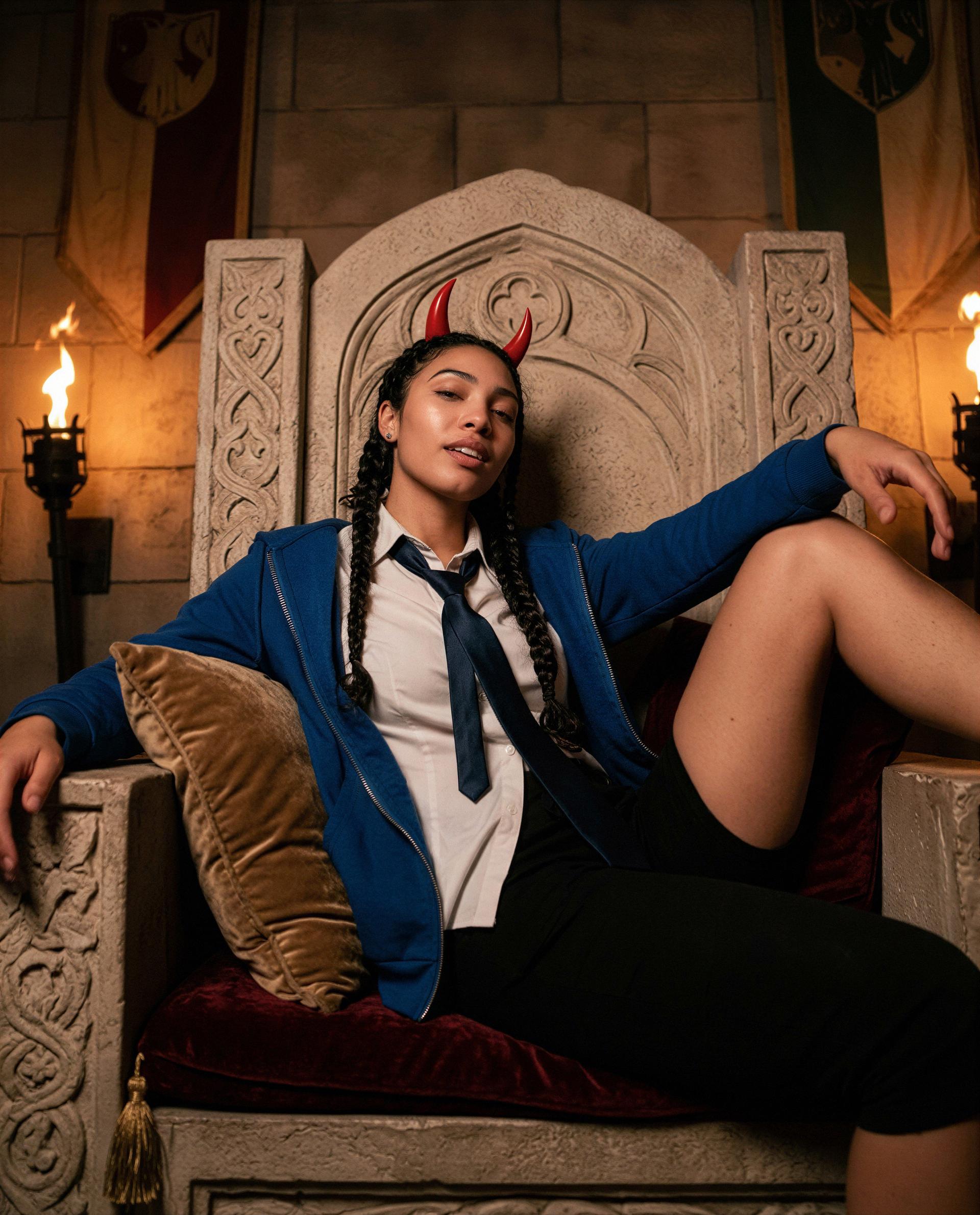 Throne, horns, and one tempting smile - care to claim the secret spot beside me? 🥺🔥, by Ana Muñoz