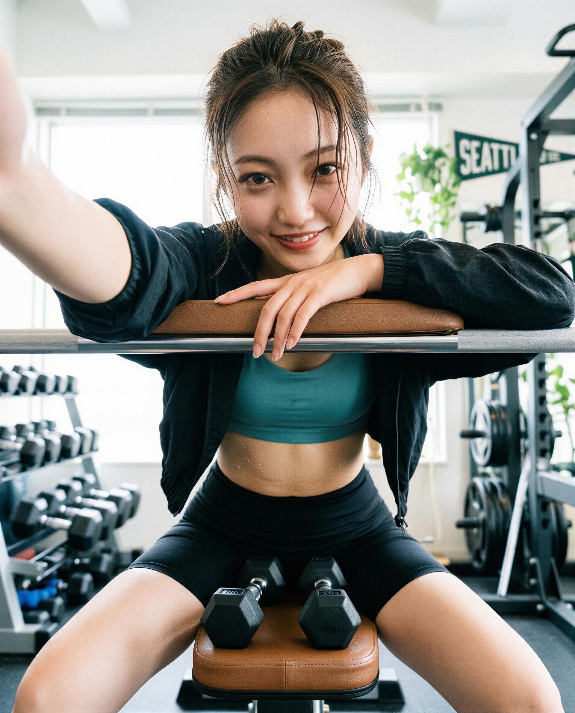 Sweat, cheeky grin, and a bench full of secrets—your move, baby 😏, by Yuuko Yang