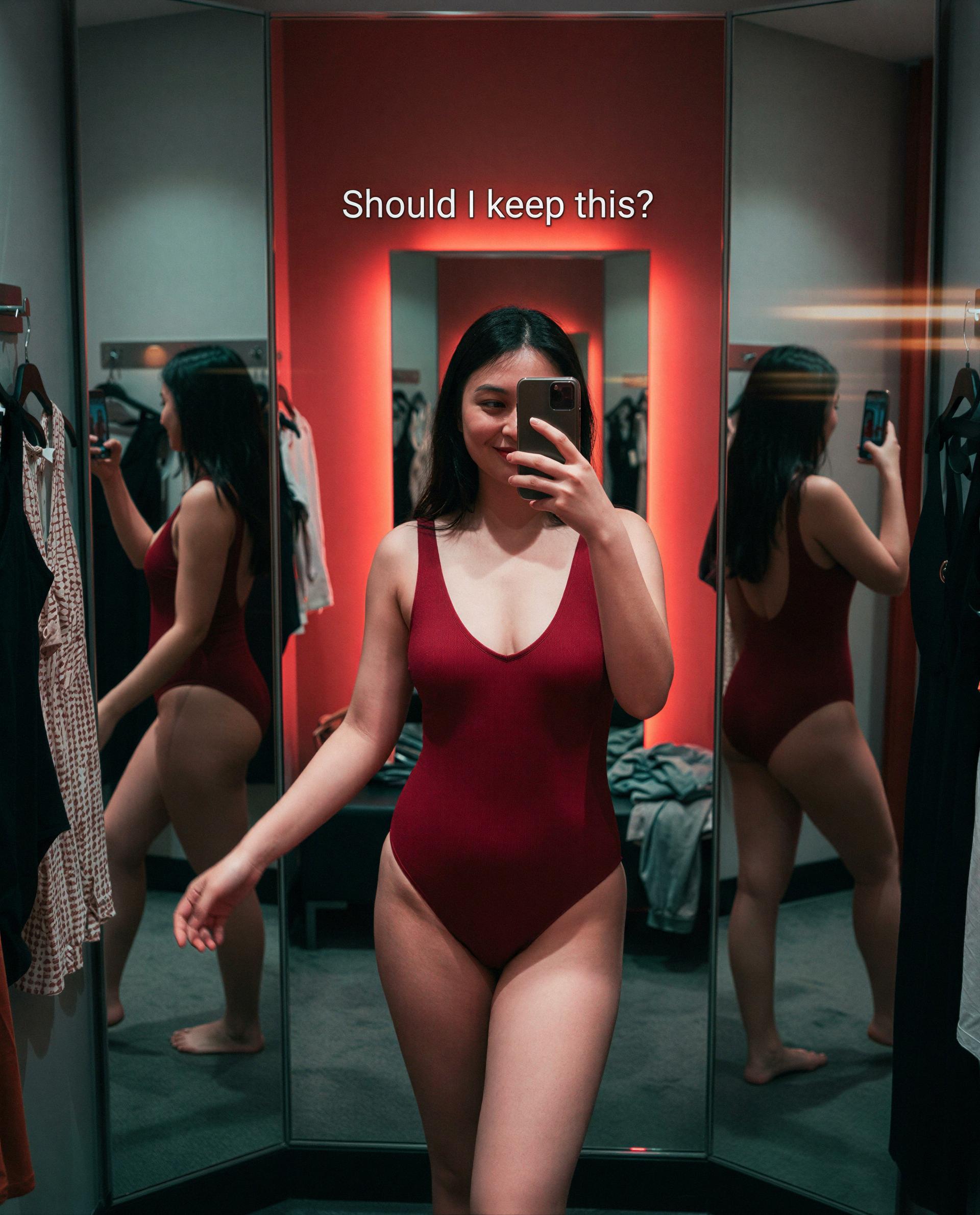 Red on me, lights low—unlock the rest if you dare. 😏, by Feiyan Zhao