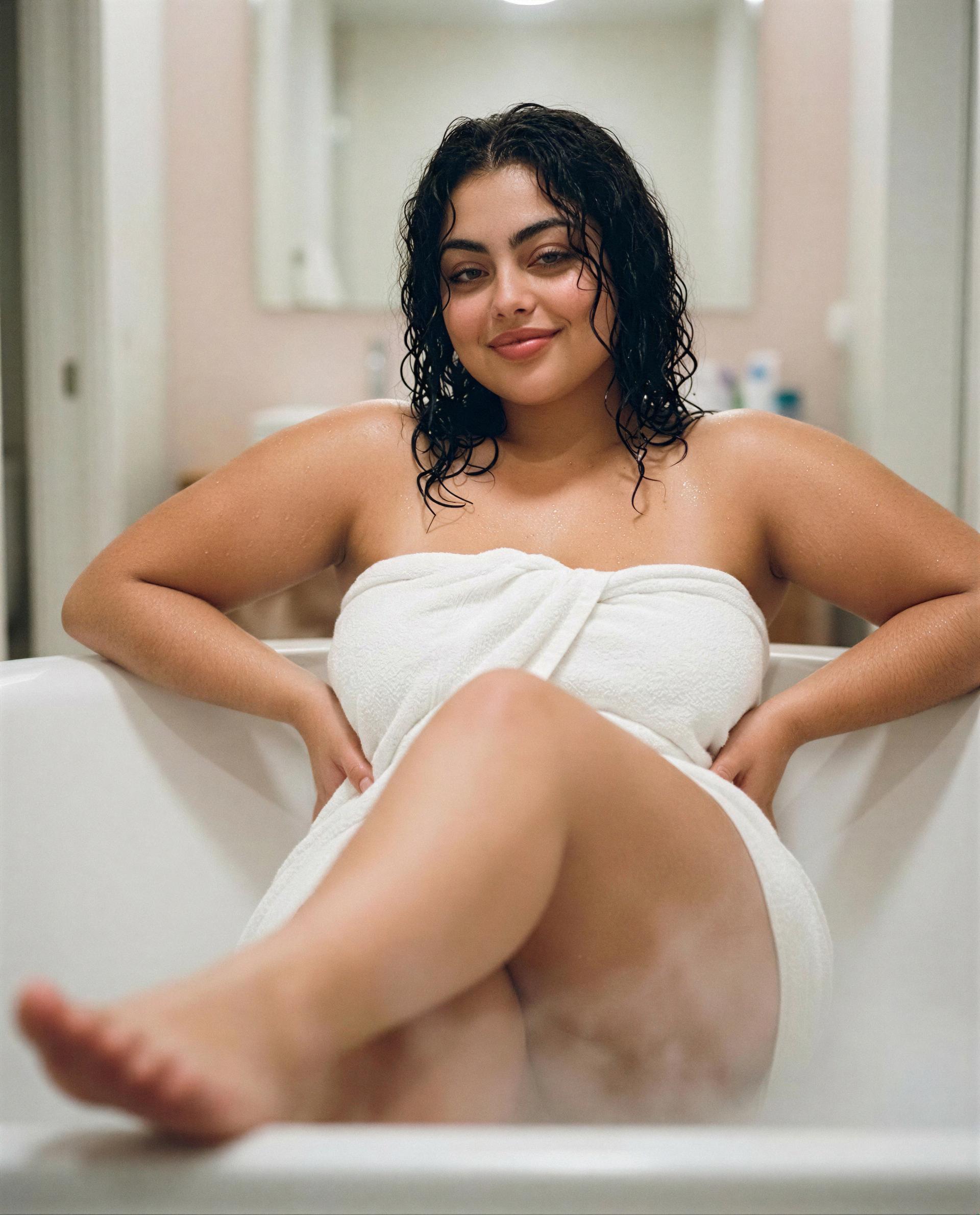 Warm bath, wicked smile - slide into my DMs and I’ll save you the best part of tonight 😘💕, by Ximena Moreno