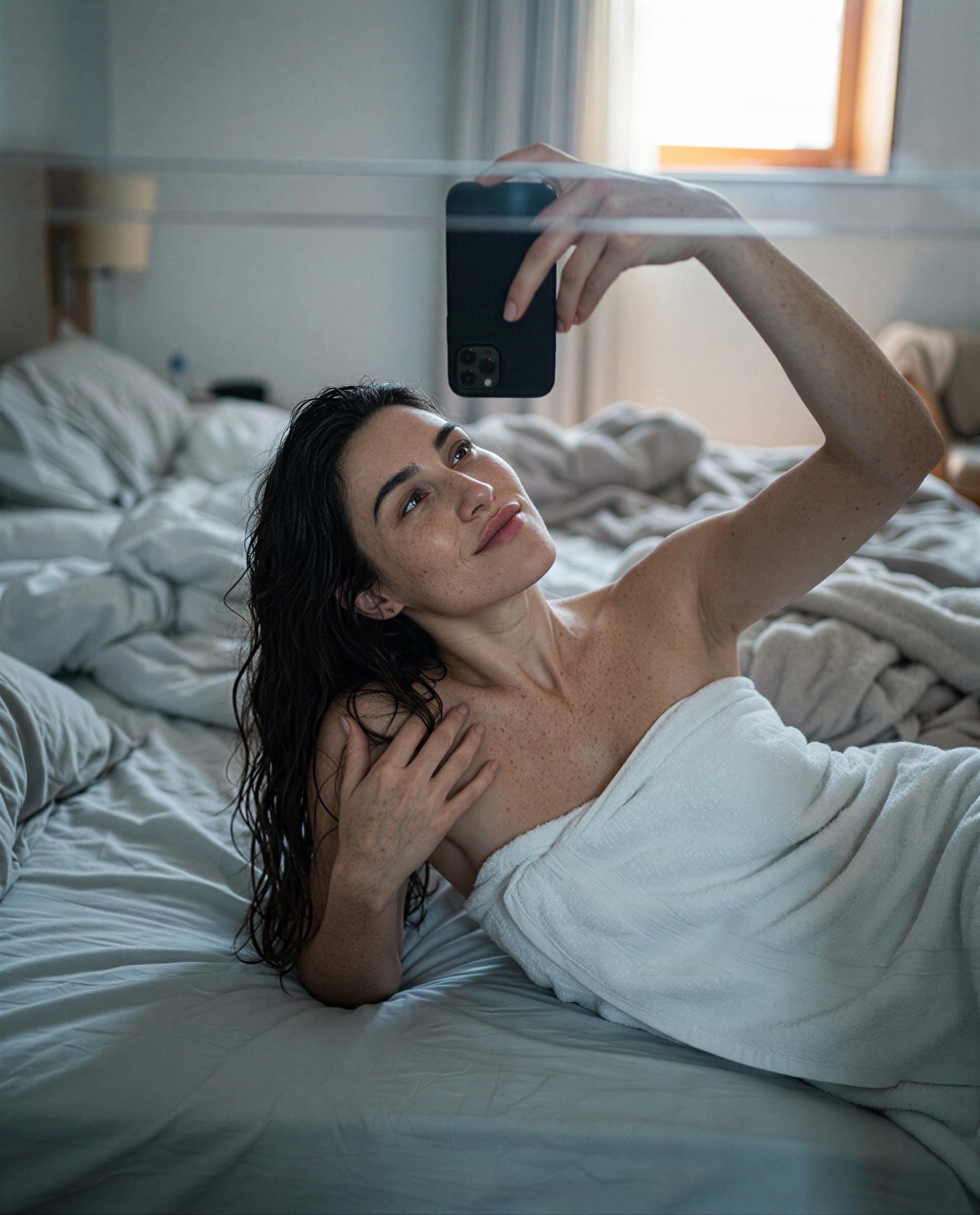 Towel, wet hair, and thoughts of one person—could that be you? 💕, by Paz García