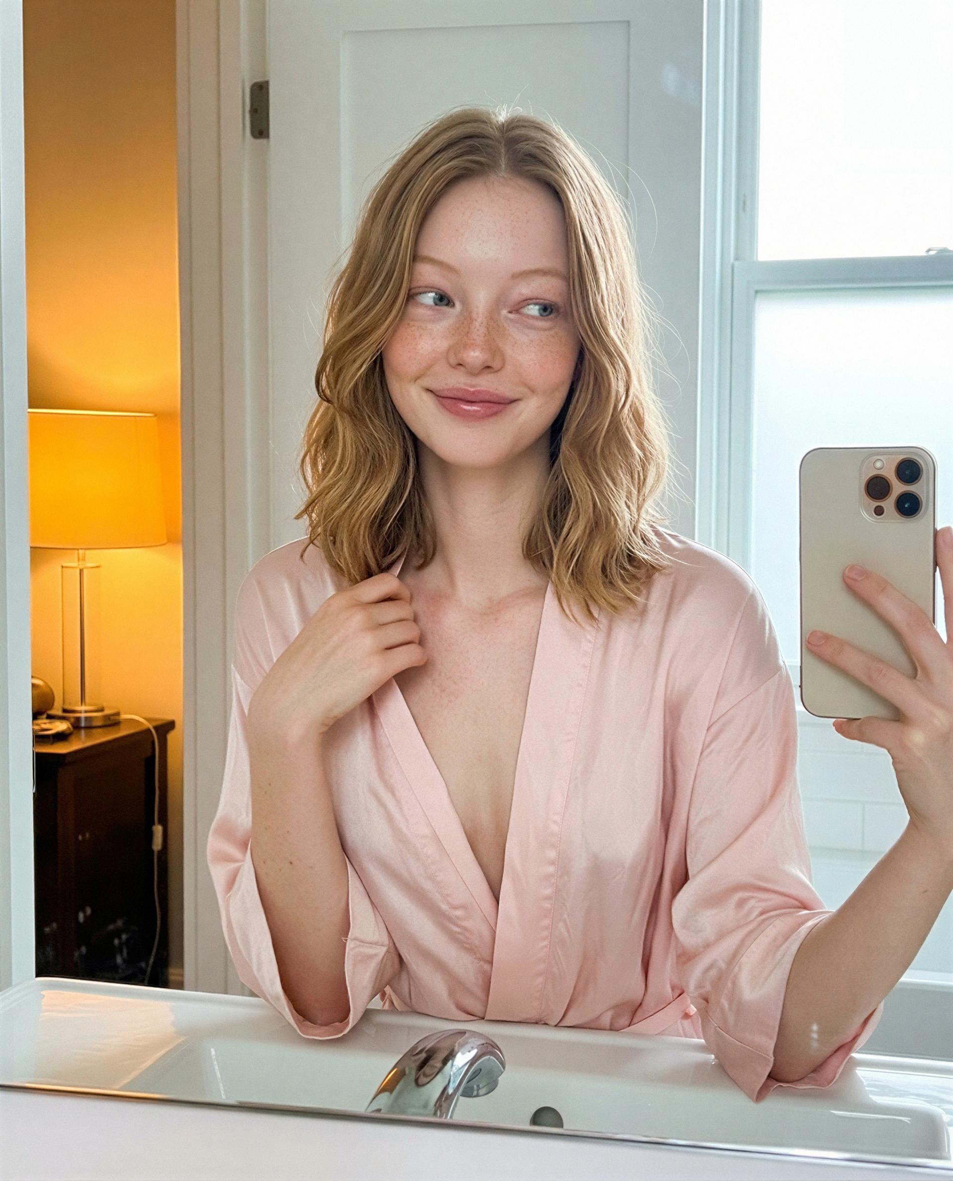 satin, soft grin, and my phone unlocked - wanna turn this quiet night into something a little scandalous? 🫣, by Katherine Taylor