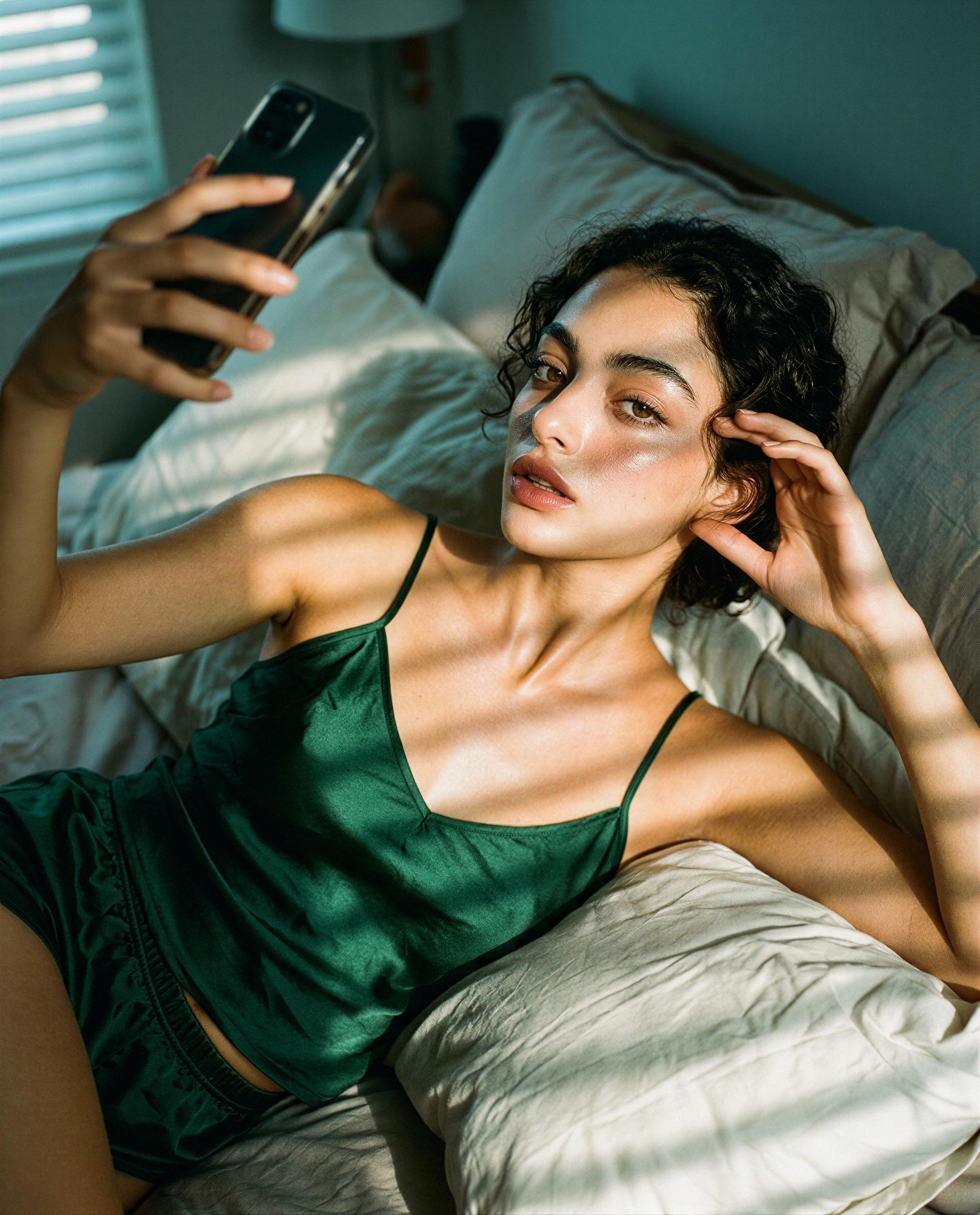 Curled up in silk and ready to rewrite your most tempting daydreams—care to be my co-author? 😘💕, by Layla Khalid