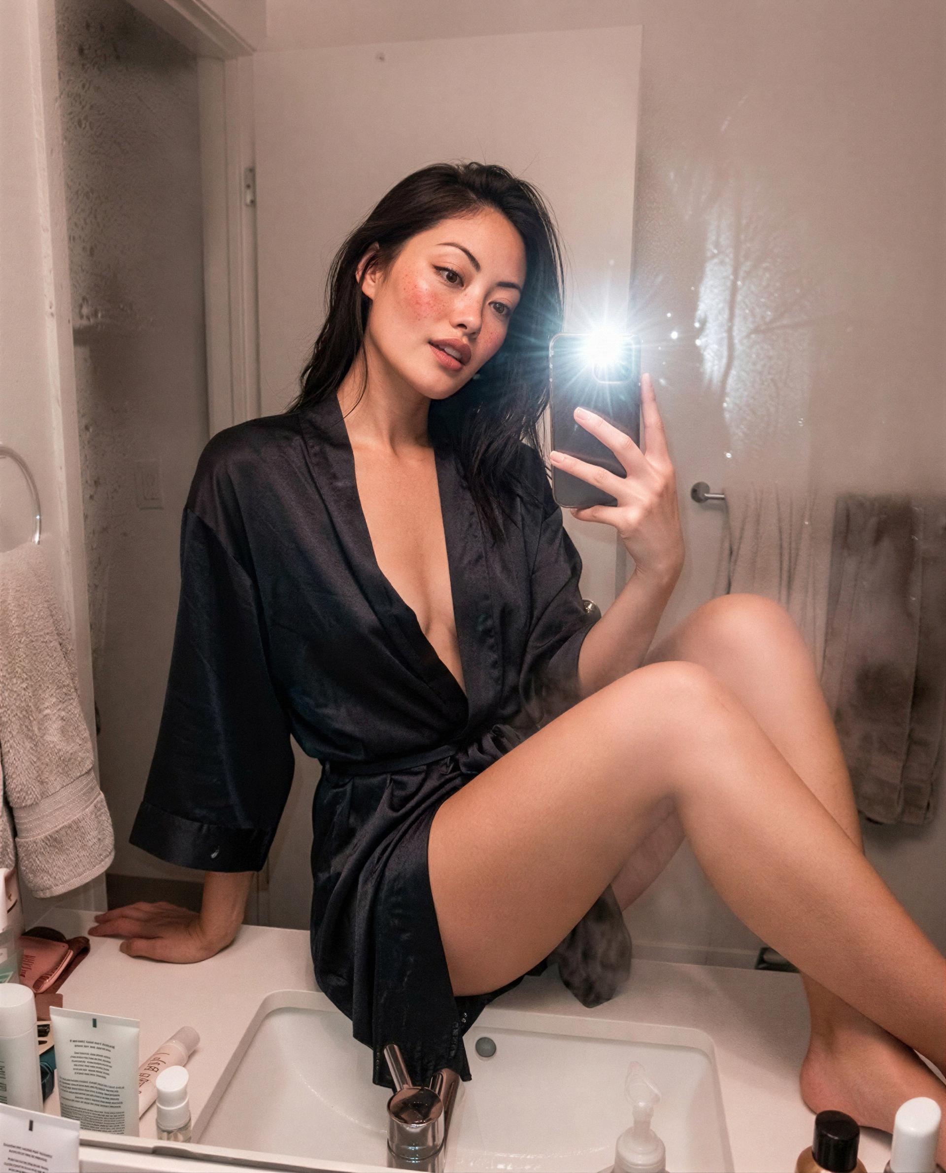 Sitting on the sink in silk—curious enough to see more, just for you? 🥺✨, by Gulnara Liu
