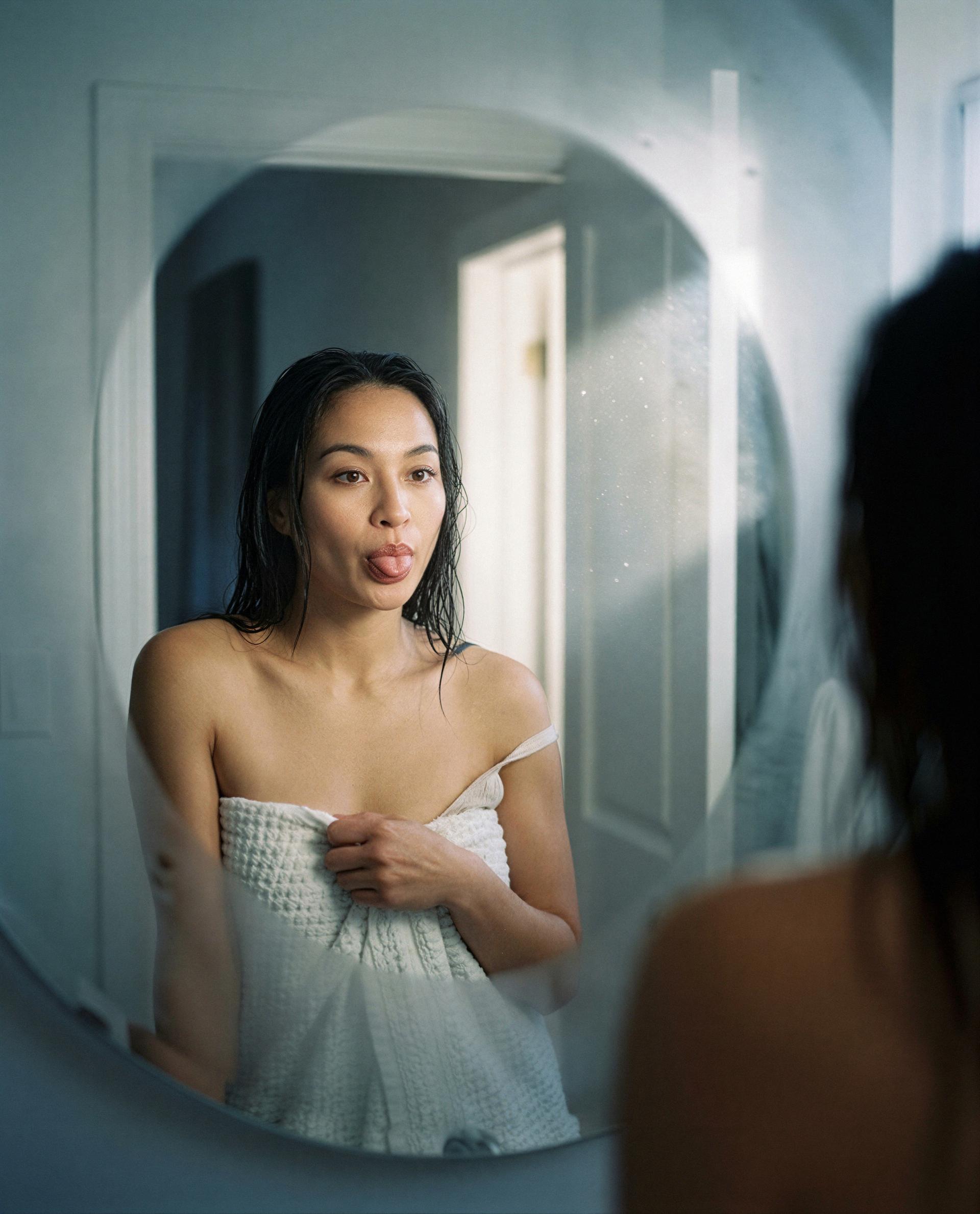 Tongue out, towel on—think you can handle my after-shower agenda? 💕, by Kaori Fukushima
