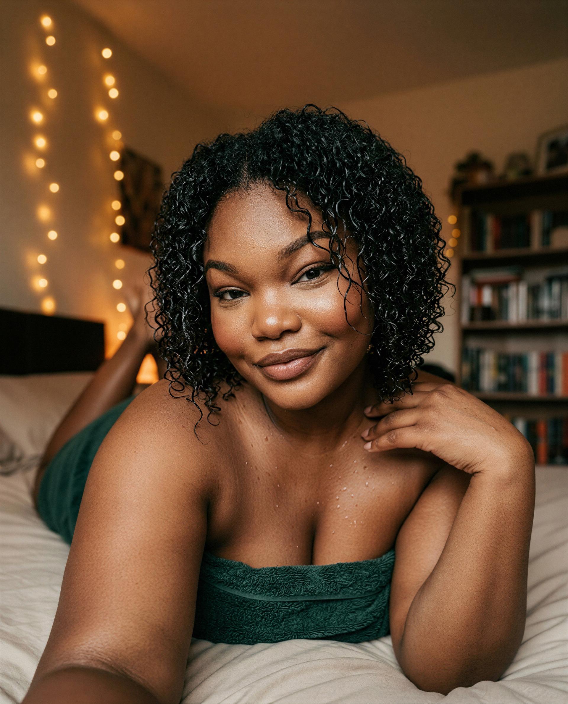 Wet hair, warm skin, and a curfew I’m willing to ignore - care to break it with me? 😏, by Essence Johnson