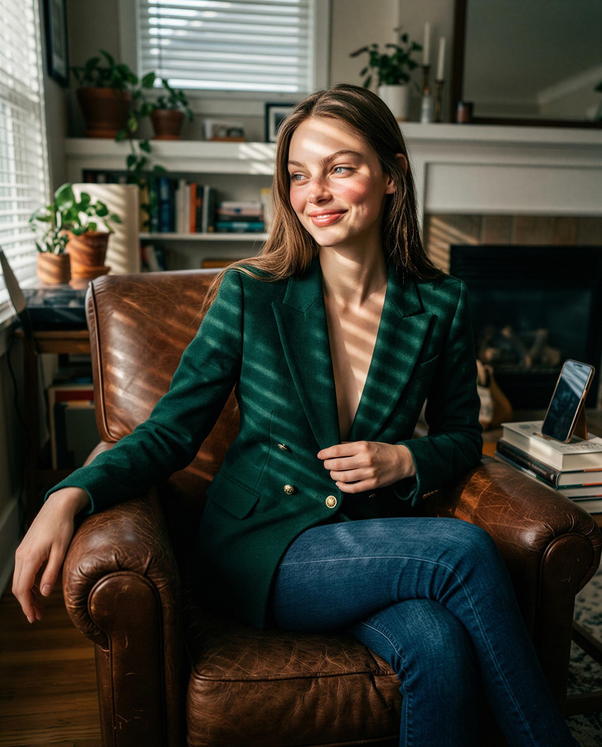 Green blazer, blue jeans, and a little mischief—wanna help me find it? 😉, by Colette Quinn
