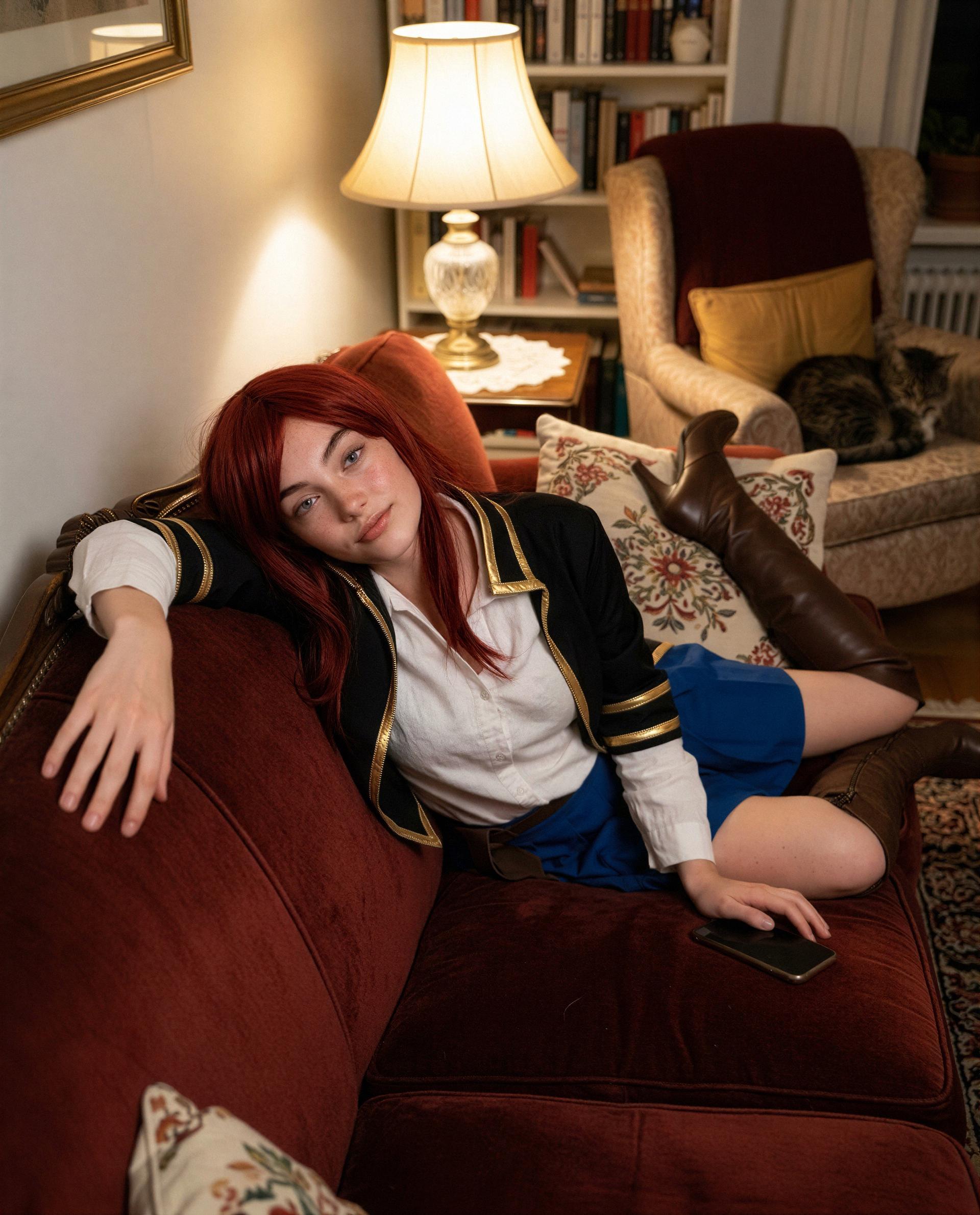 couch, boots, and a shy smile - sponsor my late-night grin? 🥺💸, by Genevieve Miller