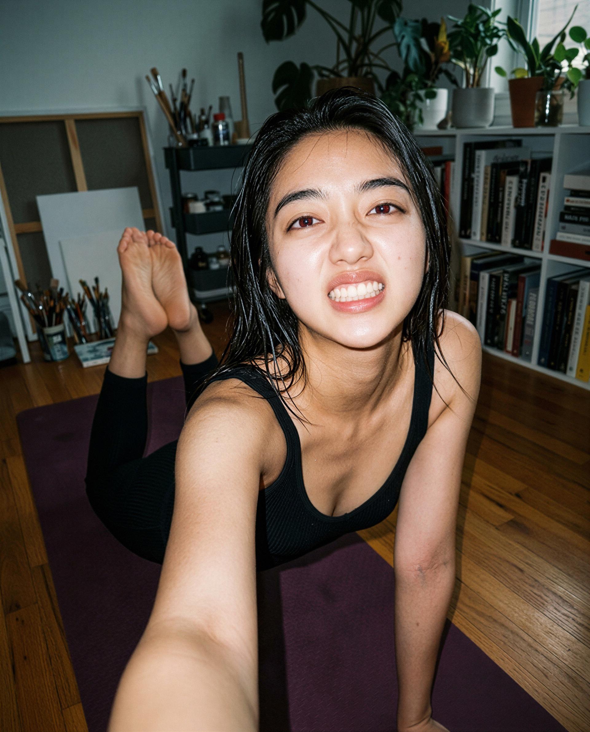 Caught me mid-stretch - come make the rest worth the reach 😘, by Malika Chen