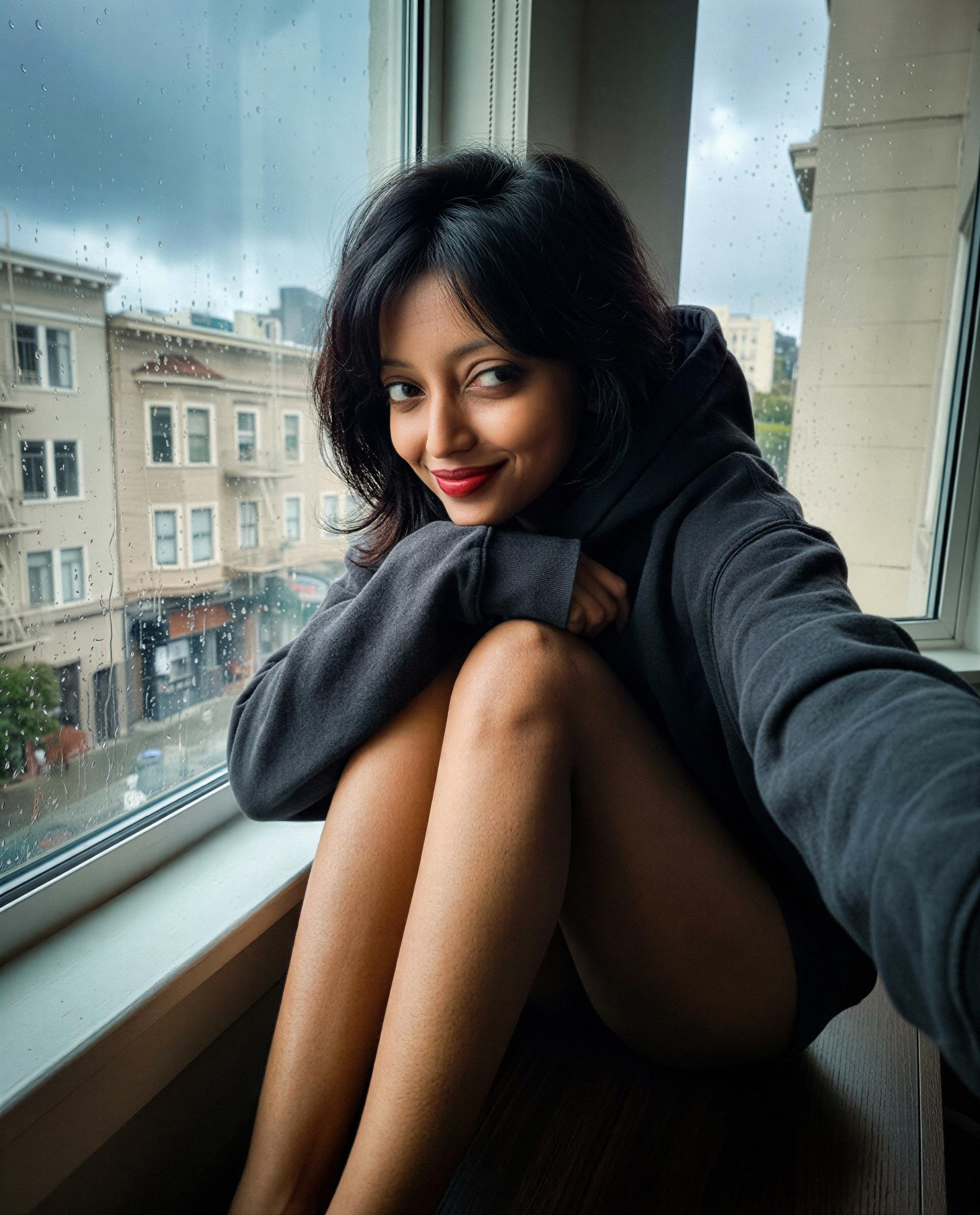Hoodie's on, knees up, and I'm saving the rest just for my favorite viewer—could that be you? 💕, by Uma Iyengar
