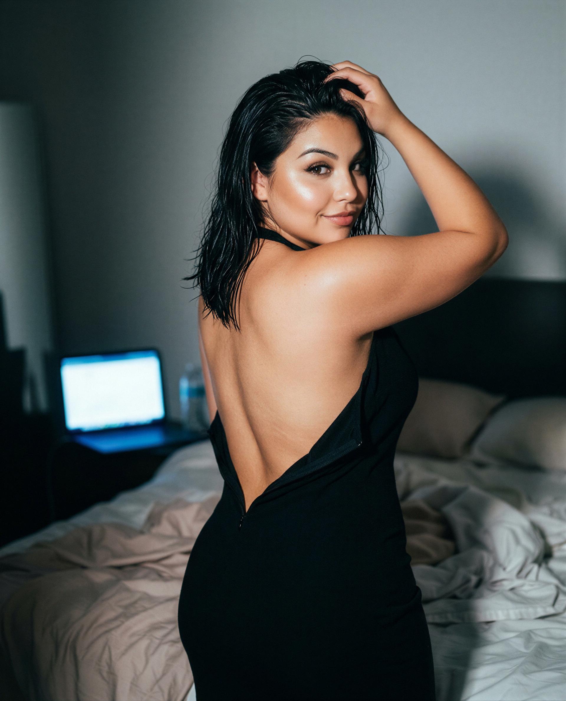 Shy smile, bold back - call me and I’ll improvise something worth the price of a hello. 😳, by Beatriz Ramirez