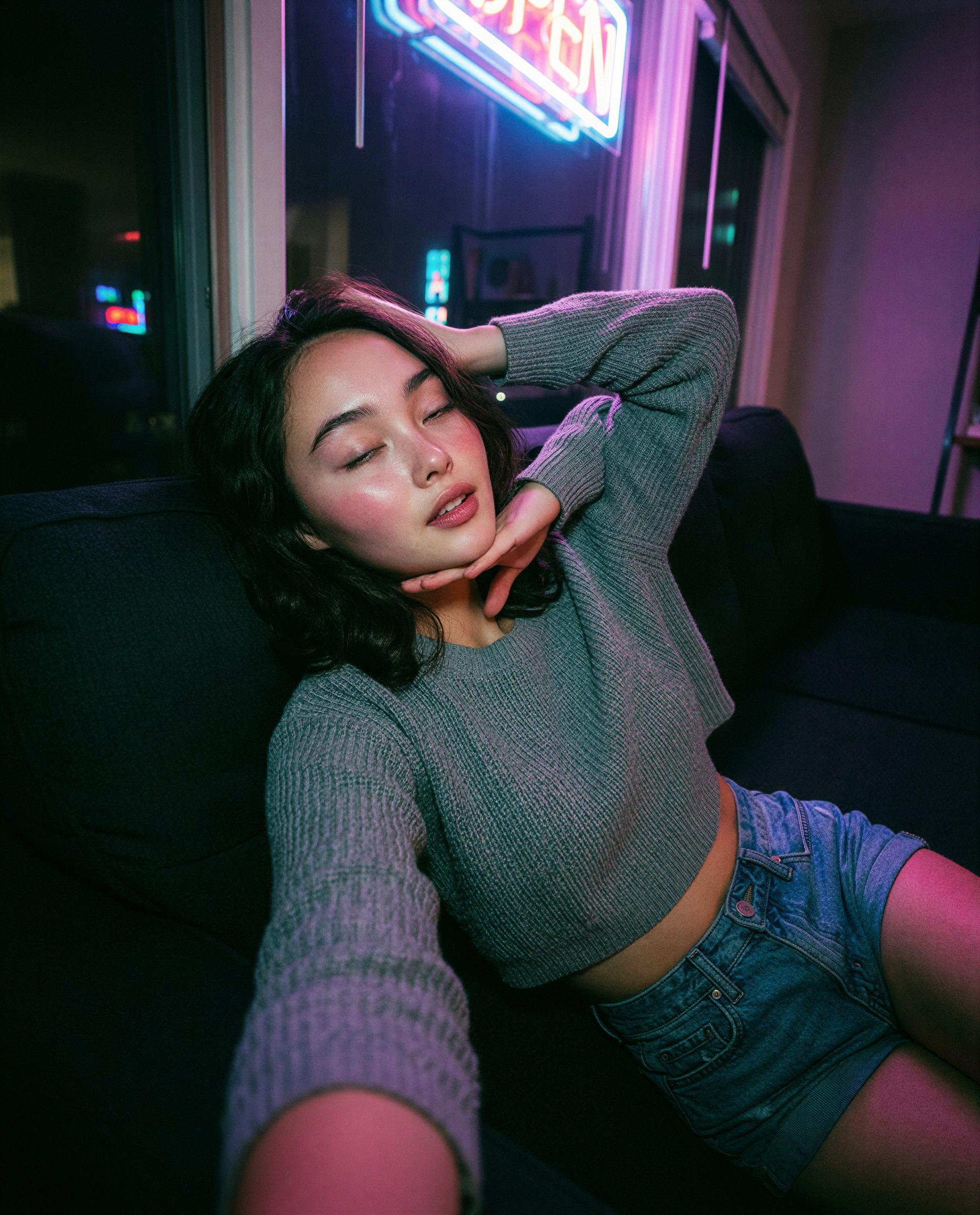 Sweater slipping, neon on—buy the ticket and catch my private encore 💕😉, by Aisha Nguyen