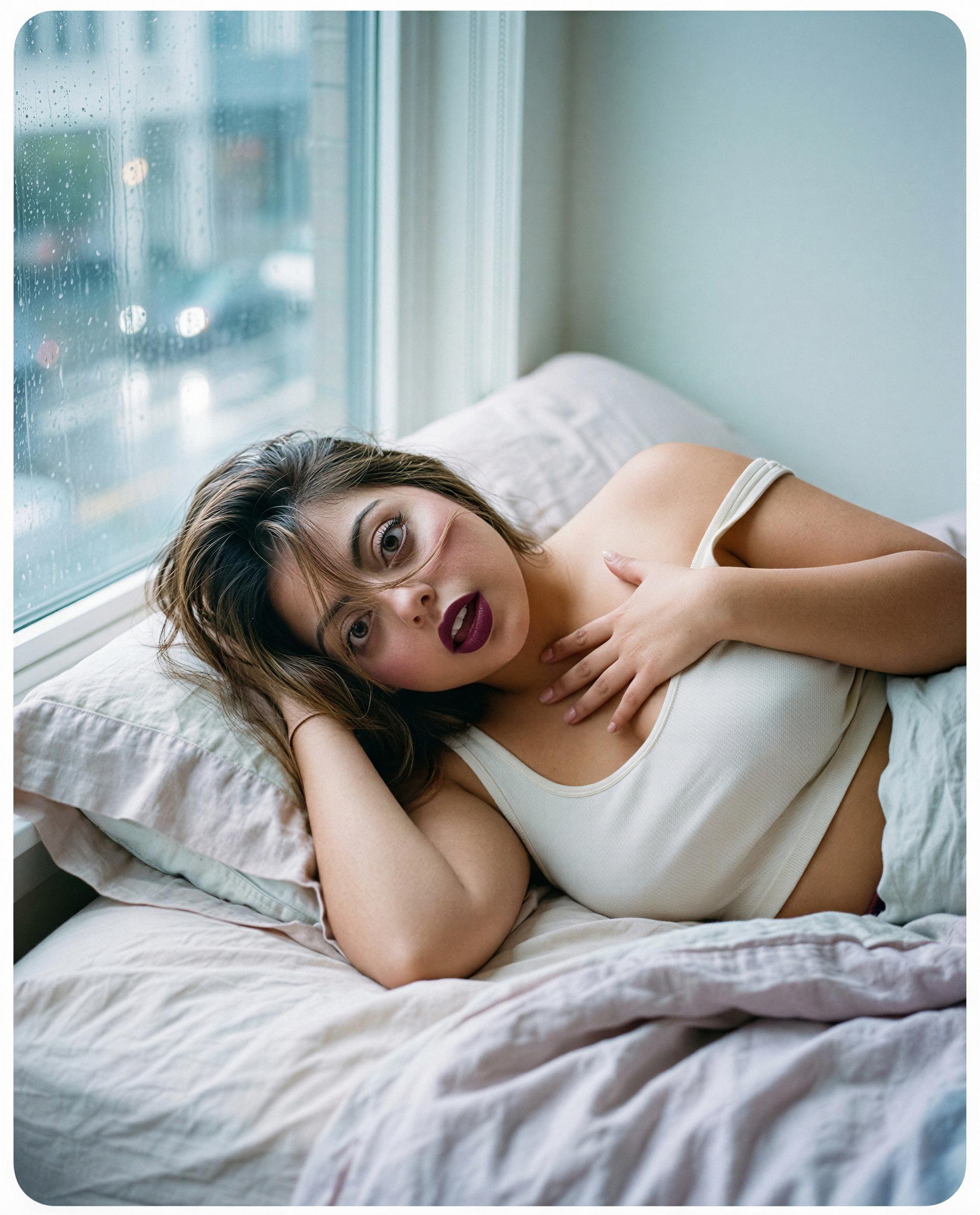 Soft sheets, dark lipstick, and a little promise I’ll only whisper to you—want to hear it? 💕, by Elena Herrera