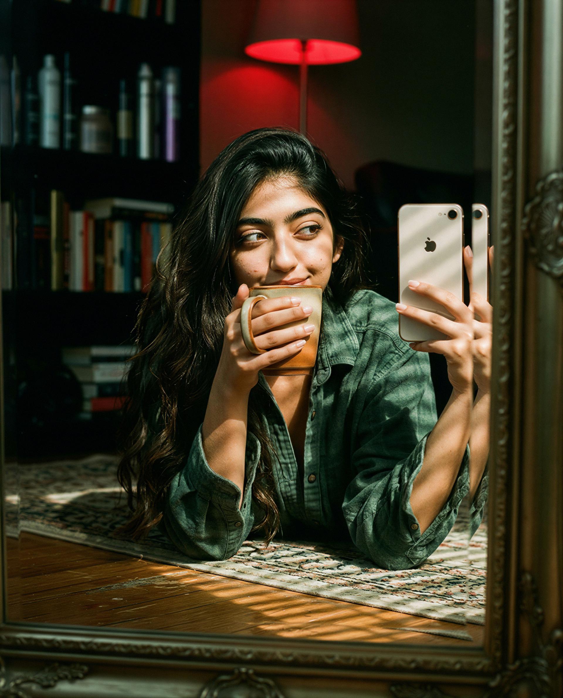 Mirror, mug, and all my secrets—care to take the first sip? 😉, by Meera Sidhu