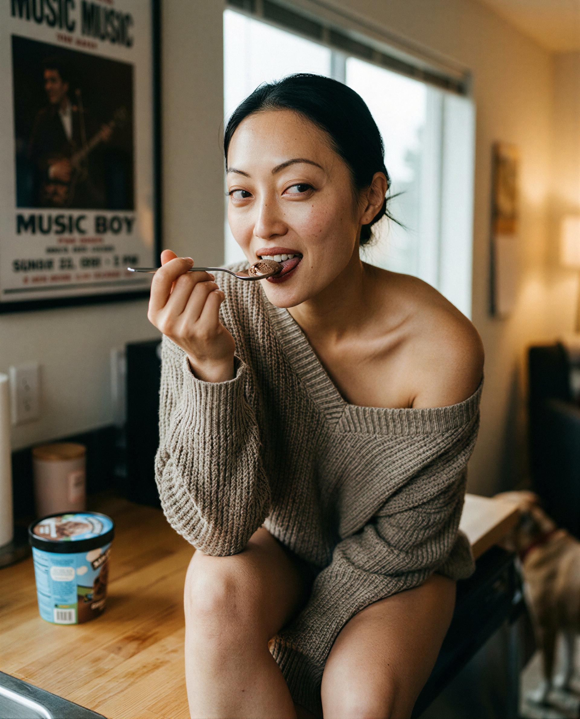 Sitting pretty with a spoon—wanna taste a little trouble with me? 😘💕, by Zhenzhu Cai