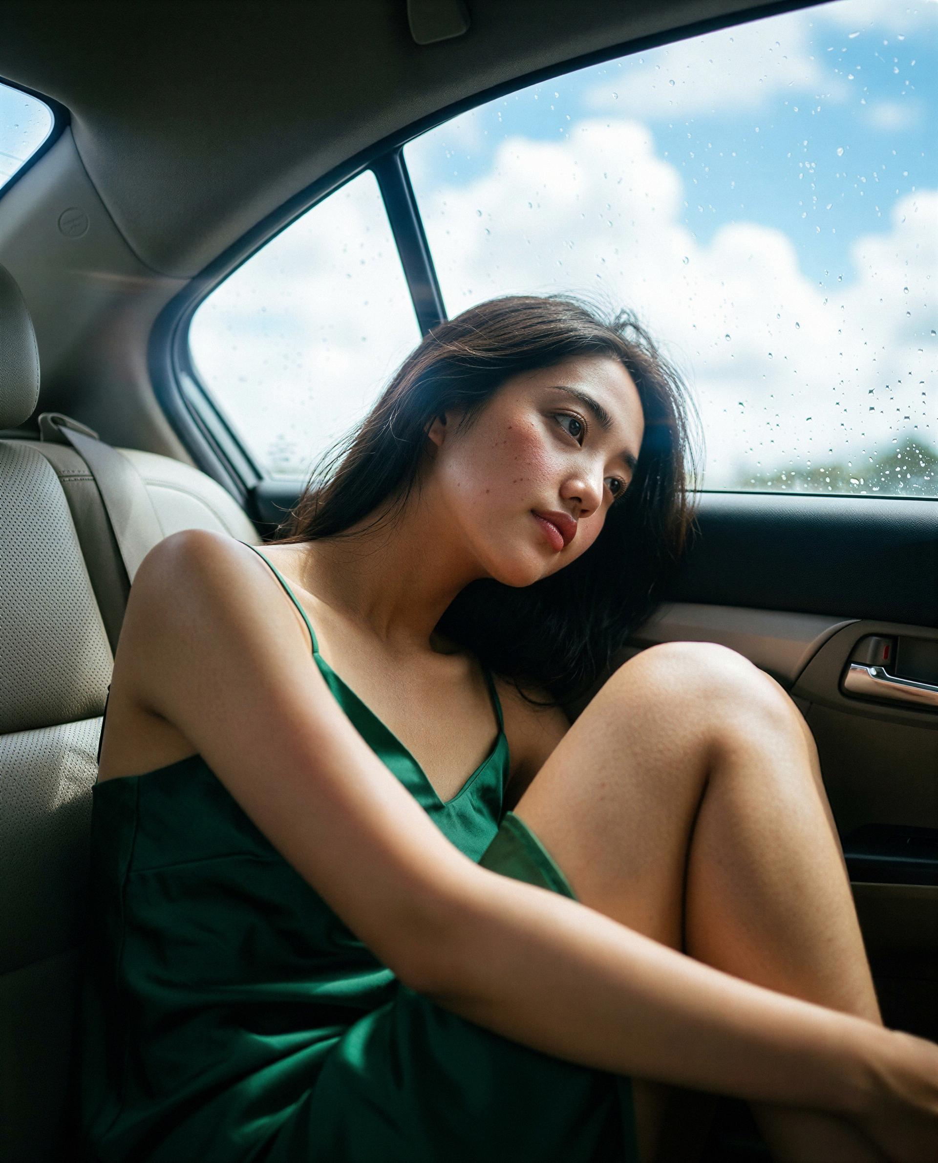 Rain on the glass, me in green - care to be my only view tonight? 😉💕, by Malika Chen