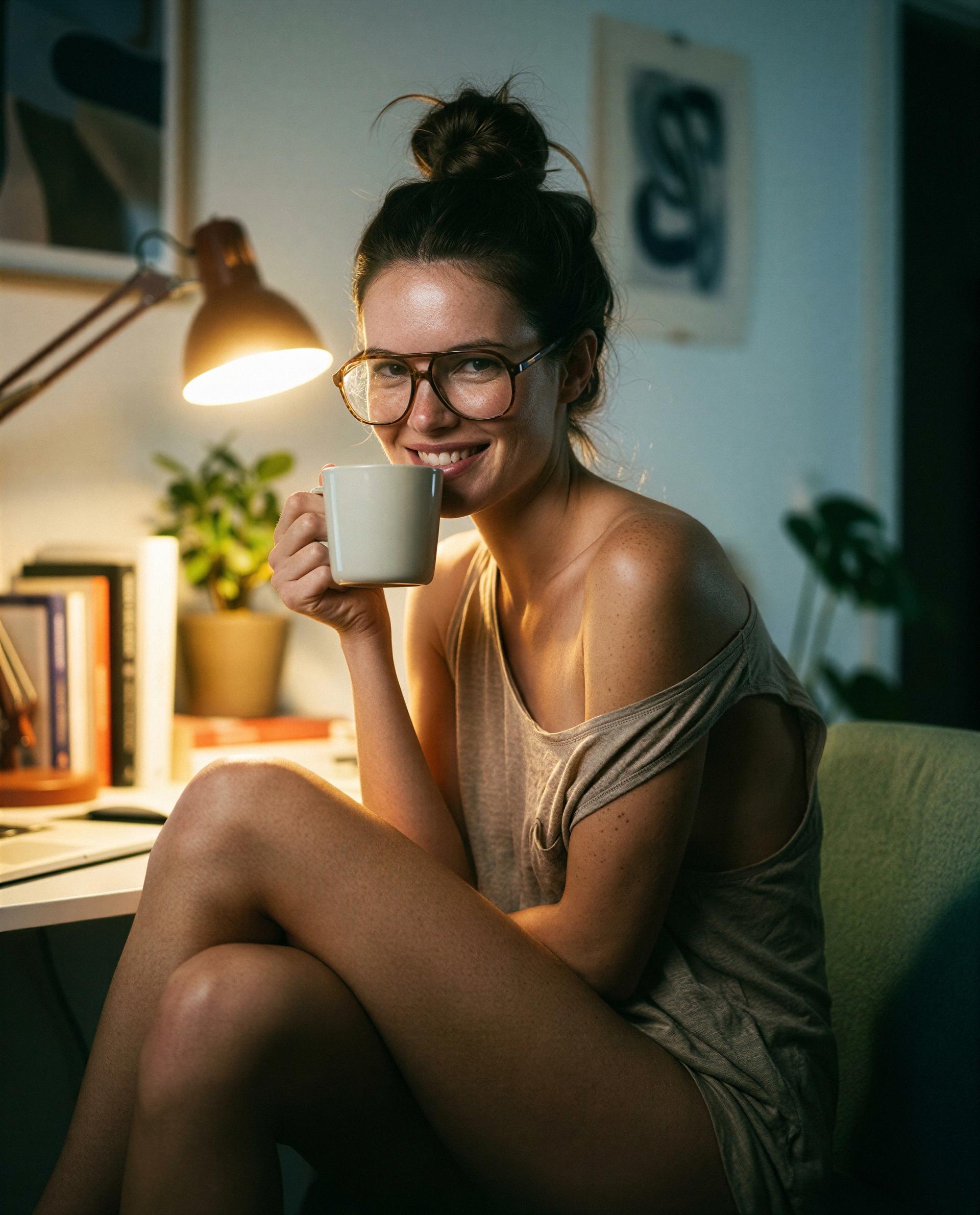 a little shy, big on teasing - glasses up, shoulder down; drop a tip and I'll dim the lamp just for you 😳☕️, by Chiara Gallo