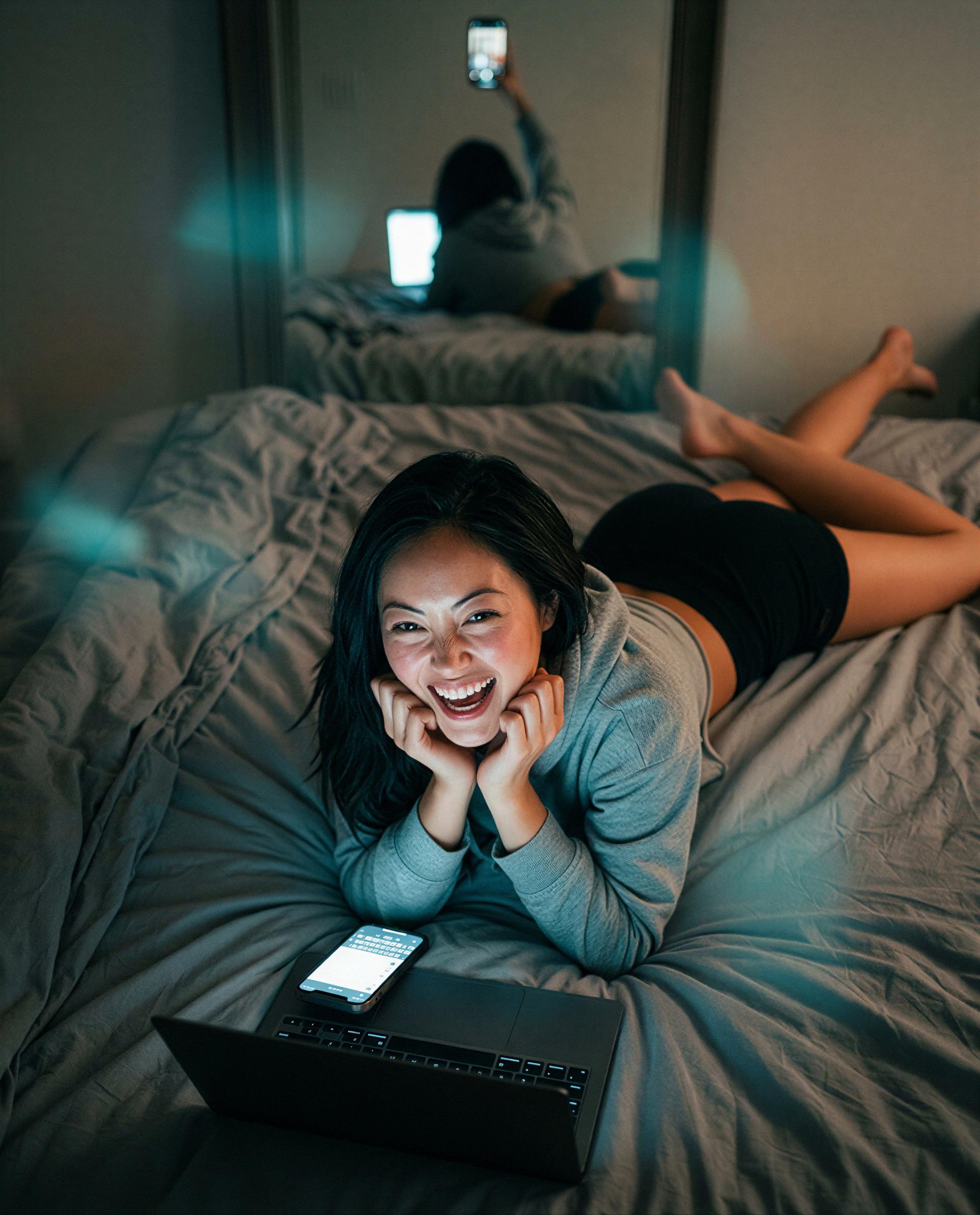 Bed, laptop, and a little temptation—dare to press play? 🫣🔥, by Gulnara Liu