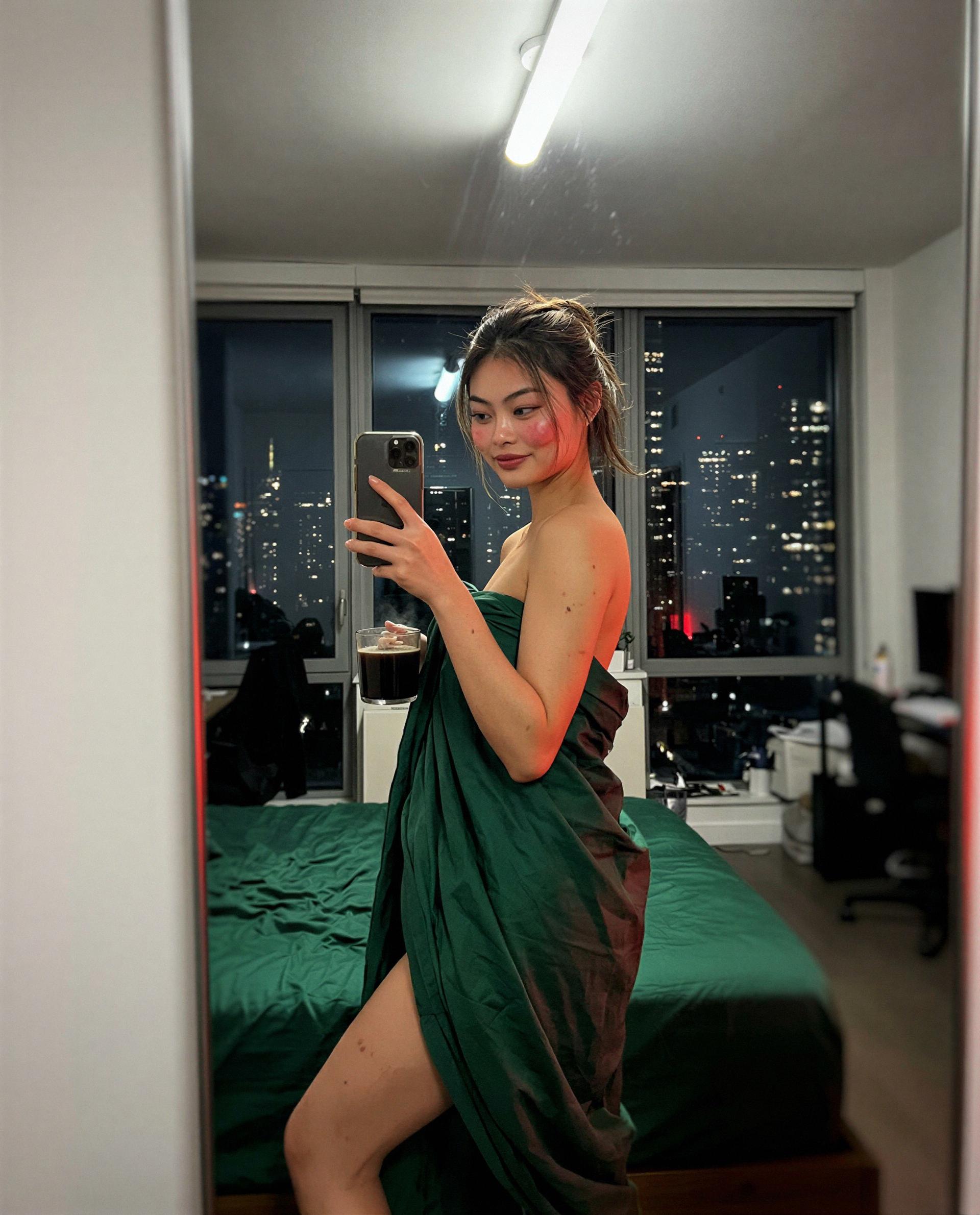 Wrapped in a sheet and trouble — tell me your best move and I’ll show you mine 😏, by Grace Nguyen