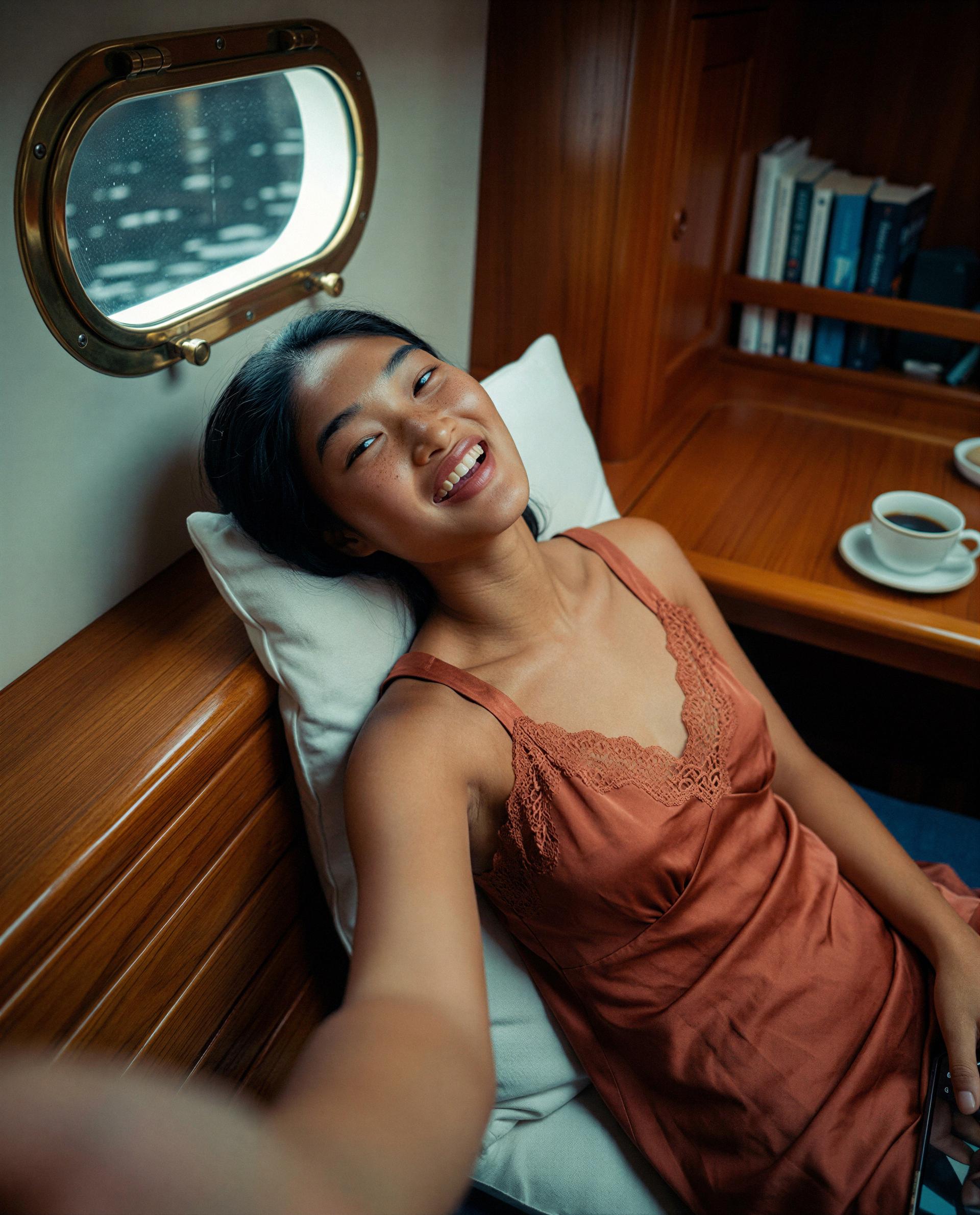 Satin dress, coffee, and a smile just for you—care to claim it? 😉, by Priya Toktogul