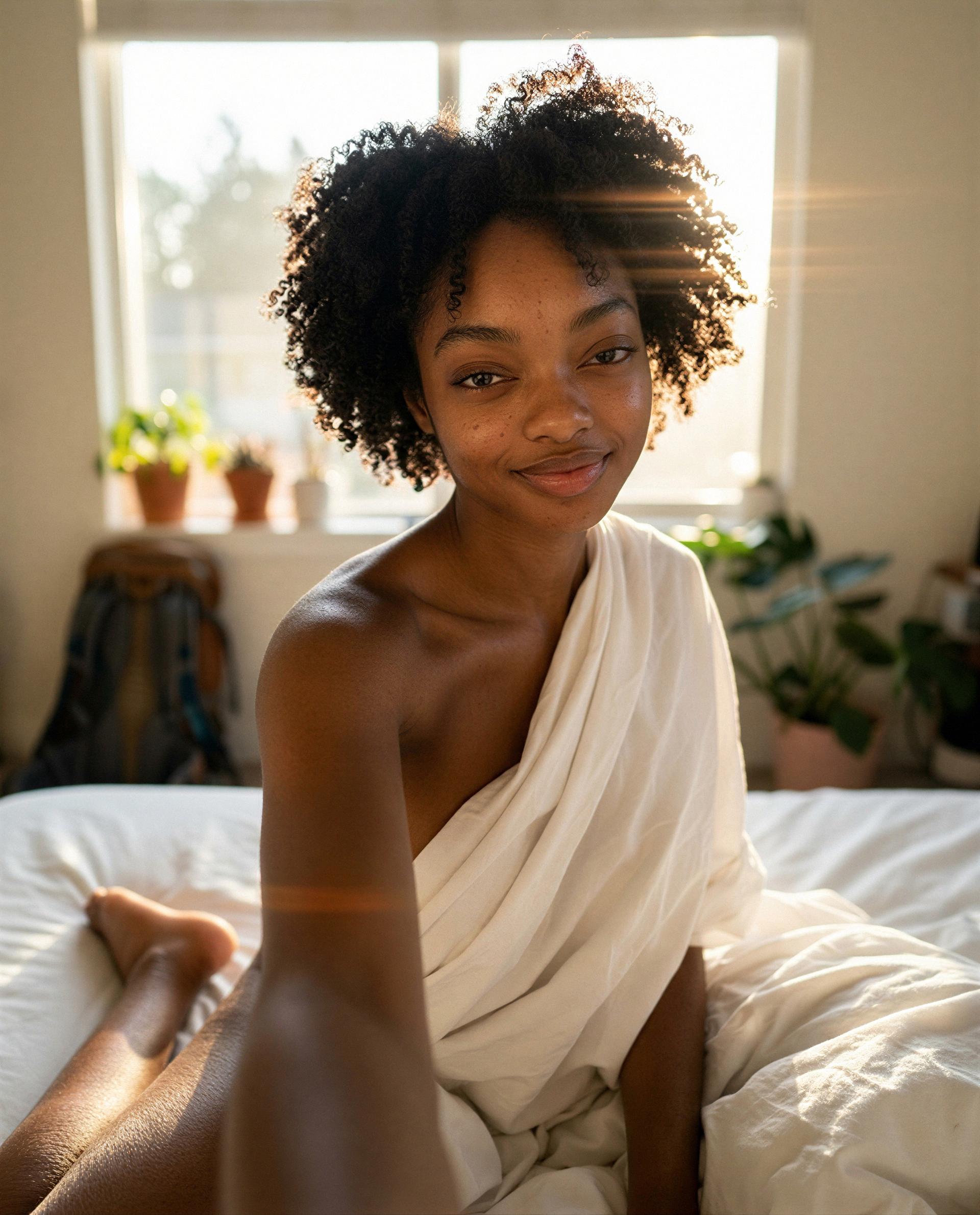 Woke up wrapped in sheets and secrets - wanna be the one I whisper them to? 😉💕, by Shaniya Diallo