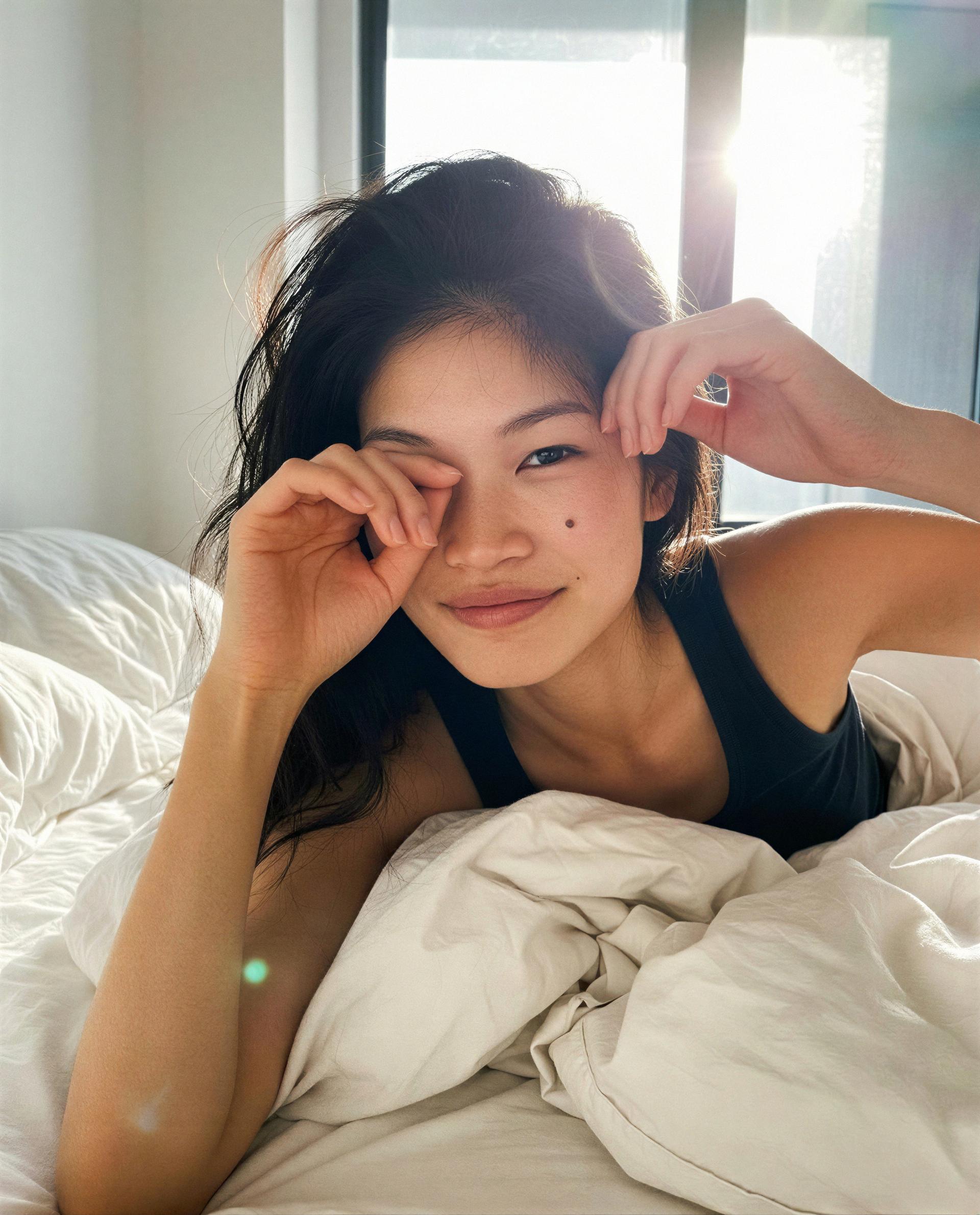 saving my softest, sleep-strewn smile for someone who flirts back—could that be you? 😳💫, by Chloe Nguyen