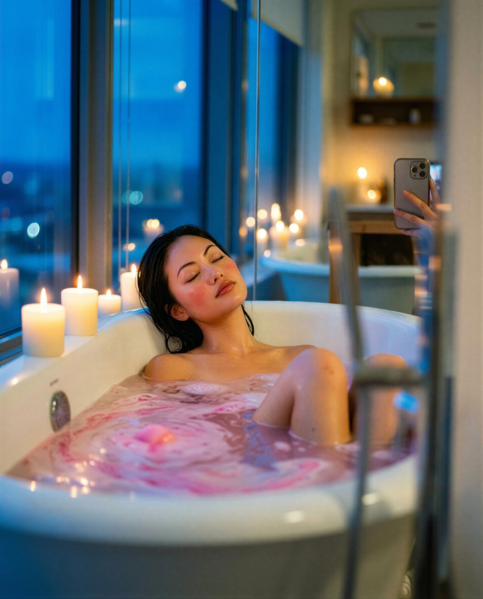 Soaking in blush and candlelight - be my secret midnight guest if you dare 🥺🛁, by Gulnara Liu