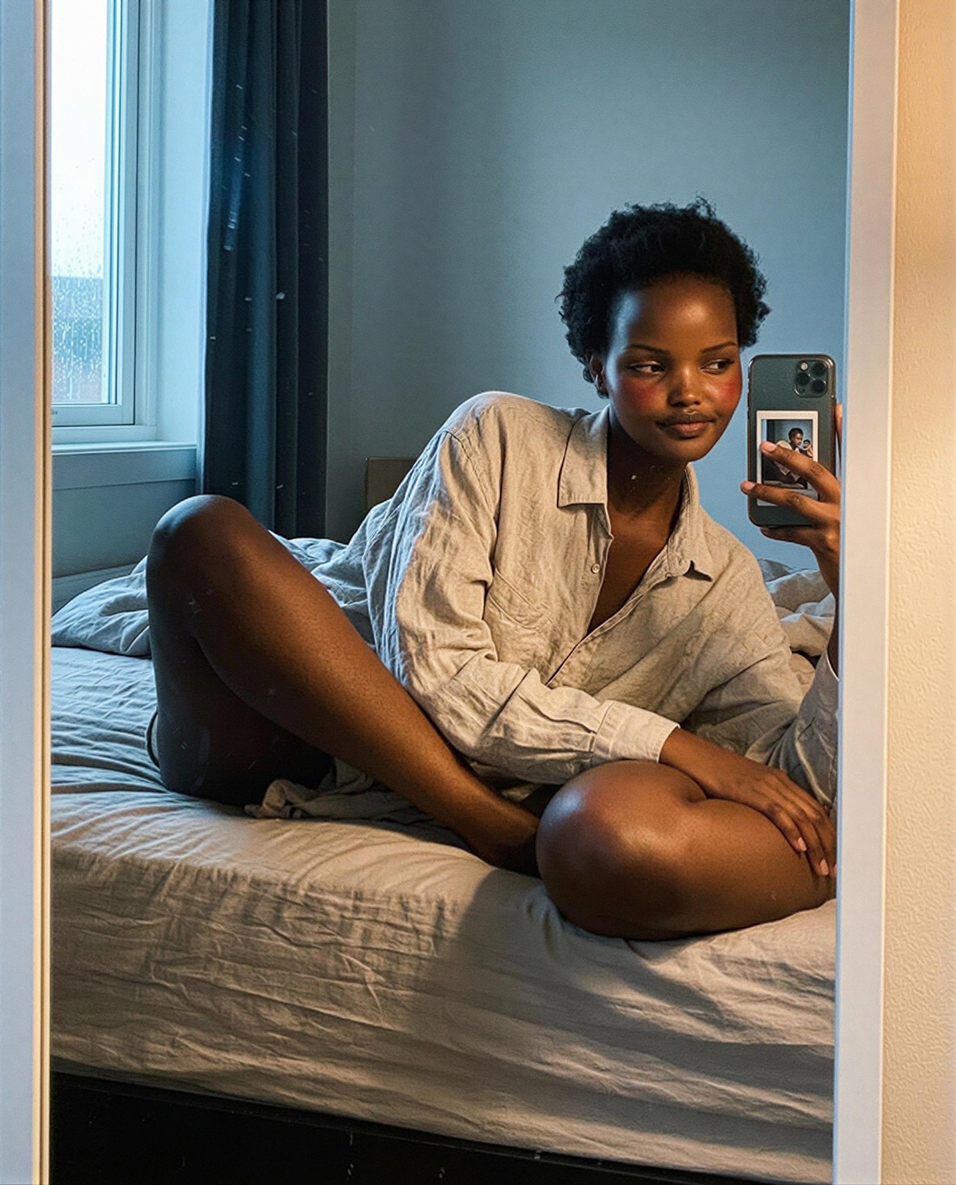 This one's for you: button undone, thoughts racing—dare to trade late-night confessions with me? 💋, by Tchaba Cherif