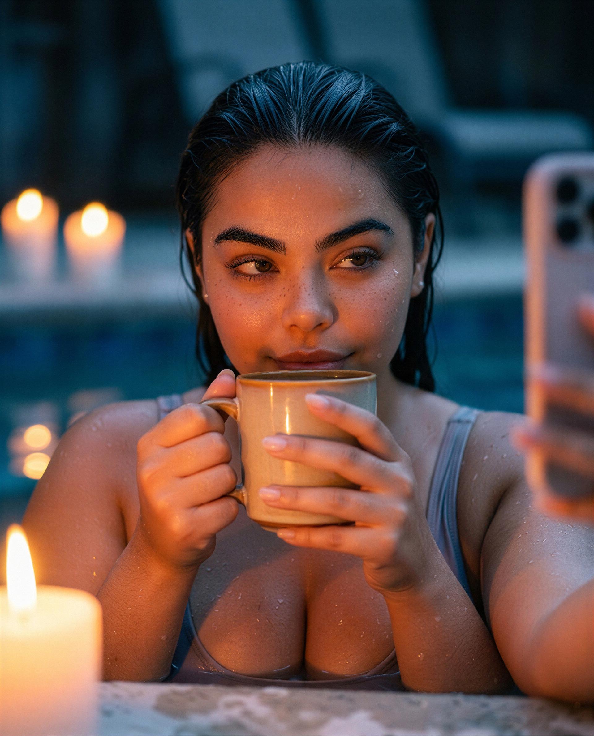 Cup warming my hands, candles warming the night - claim the rest in my members' room. 😉💕, by Patricia Carvalho