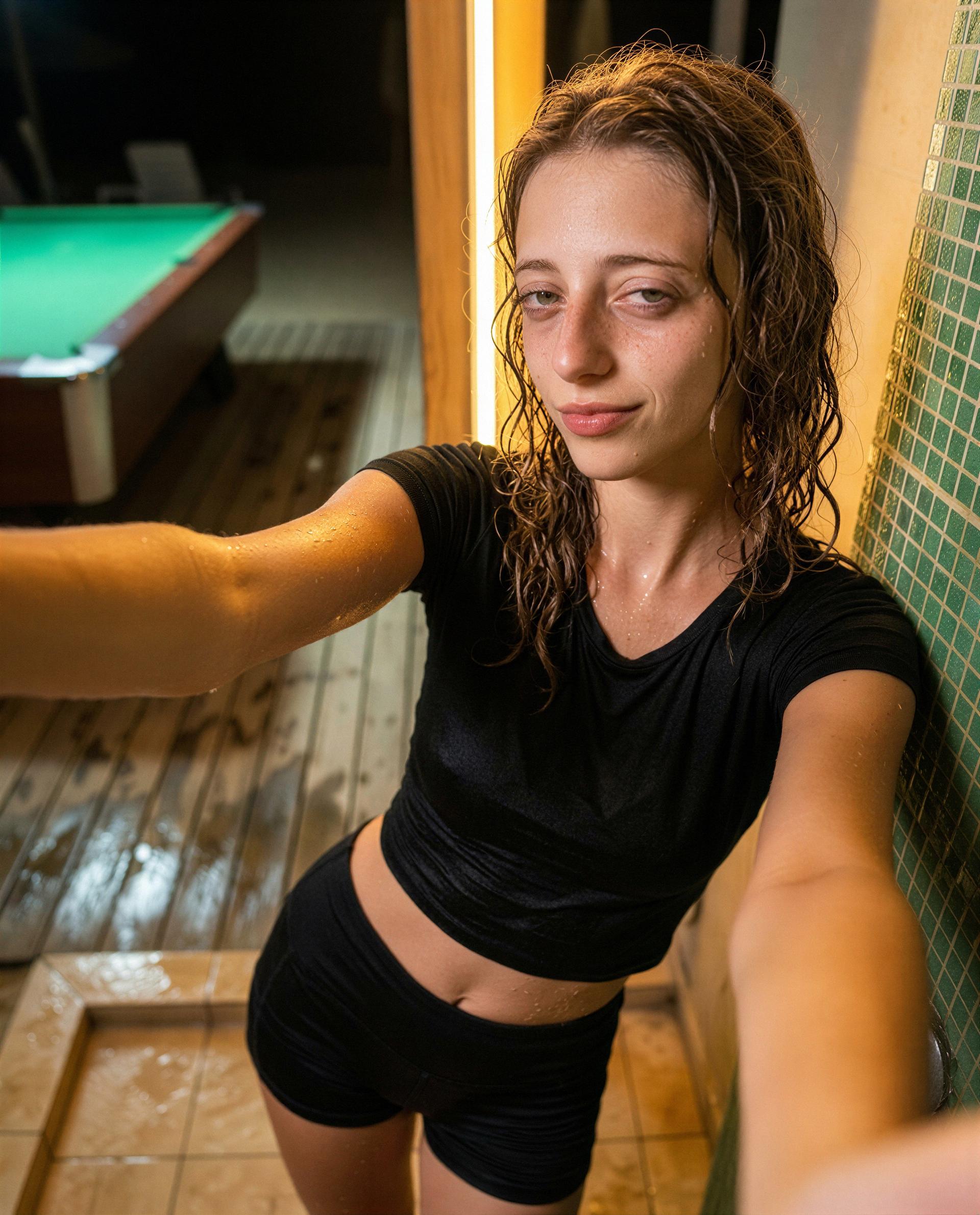 Rainy night, black tee, and the kind of private show you won't forget - you in? 😘, by Elsa Dubois