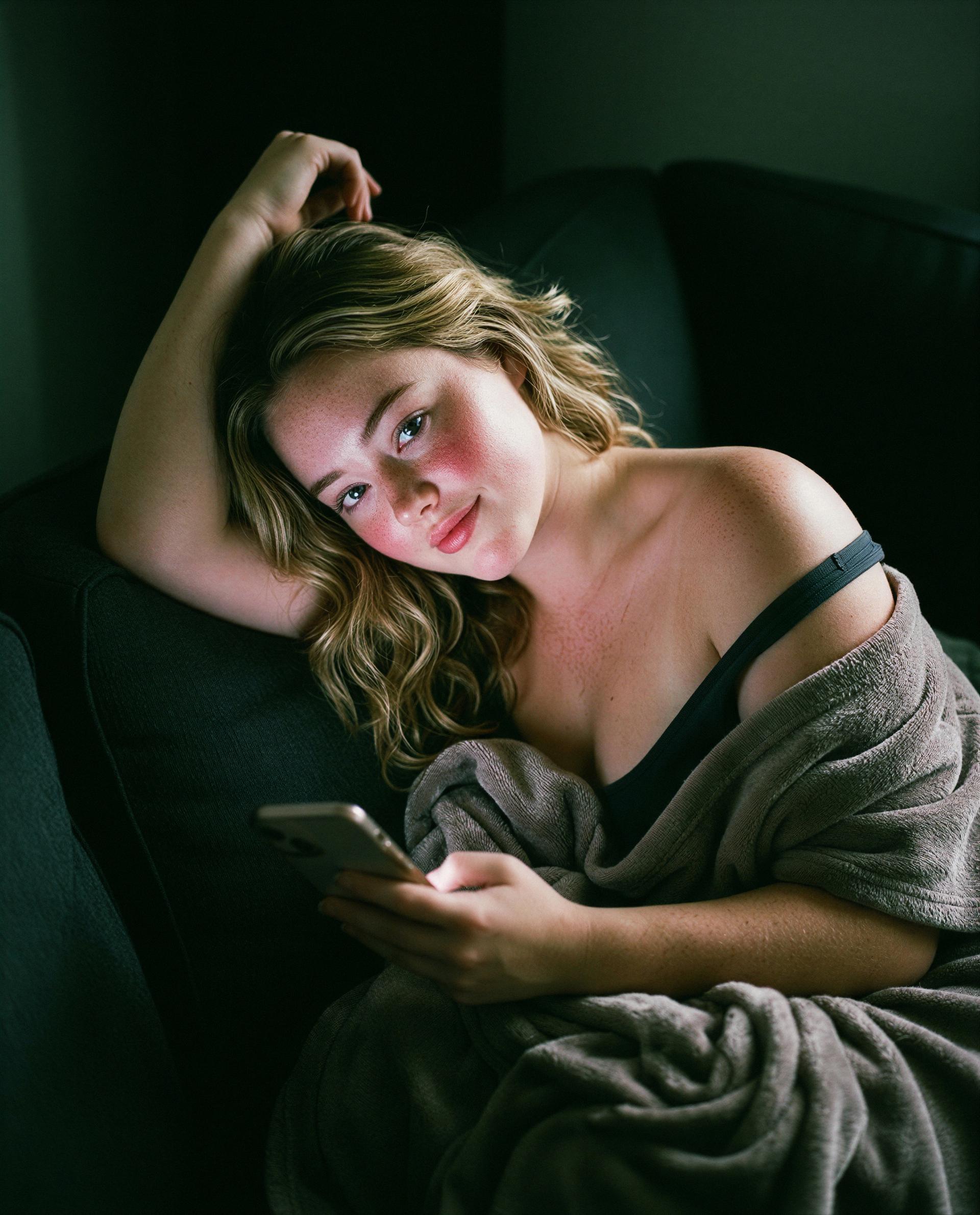 Phone lit, cheeks flushed - be the reason I’m smiling tonight? 😘, by Margaux Howard