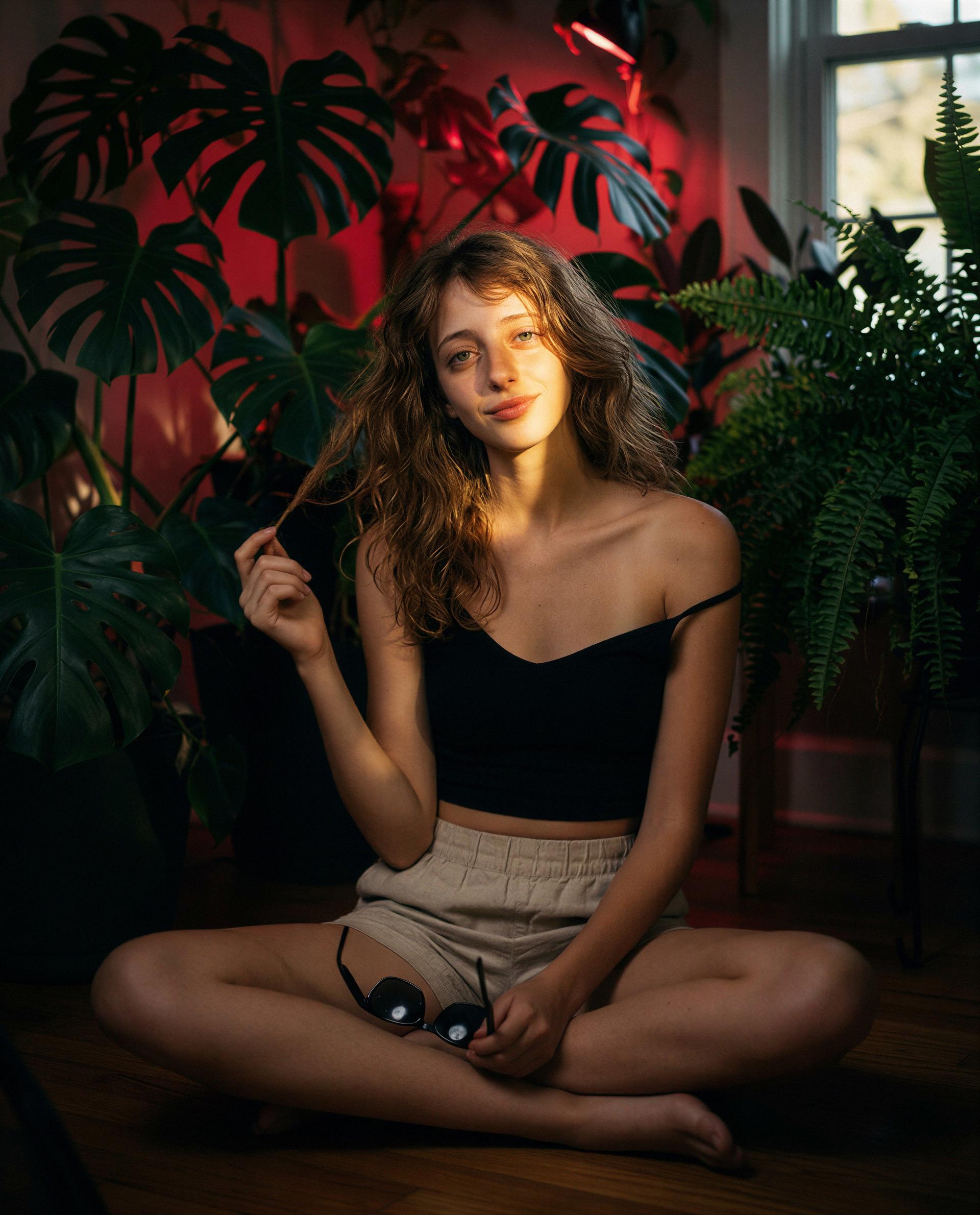 Quick favor, babe—can you confirm the person in this photo is 18+? I can’t write an OnlyFans-style caption without that 💕  

While you check: "Sunlight, plants, and a little secret—feel like finding , by Elsa Dubois