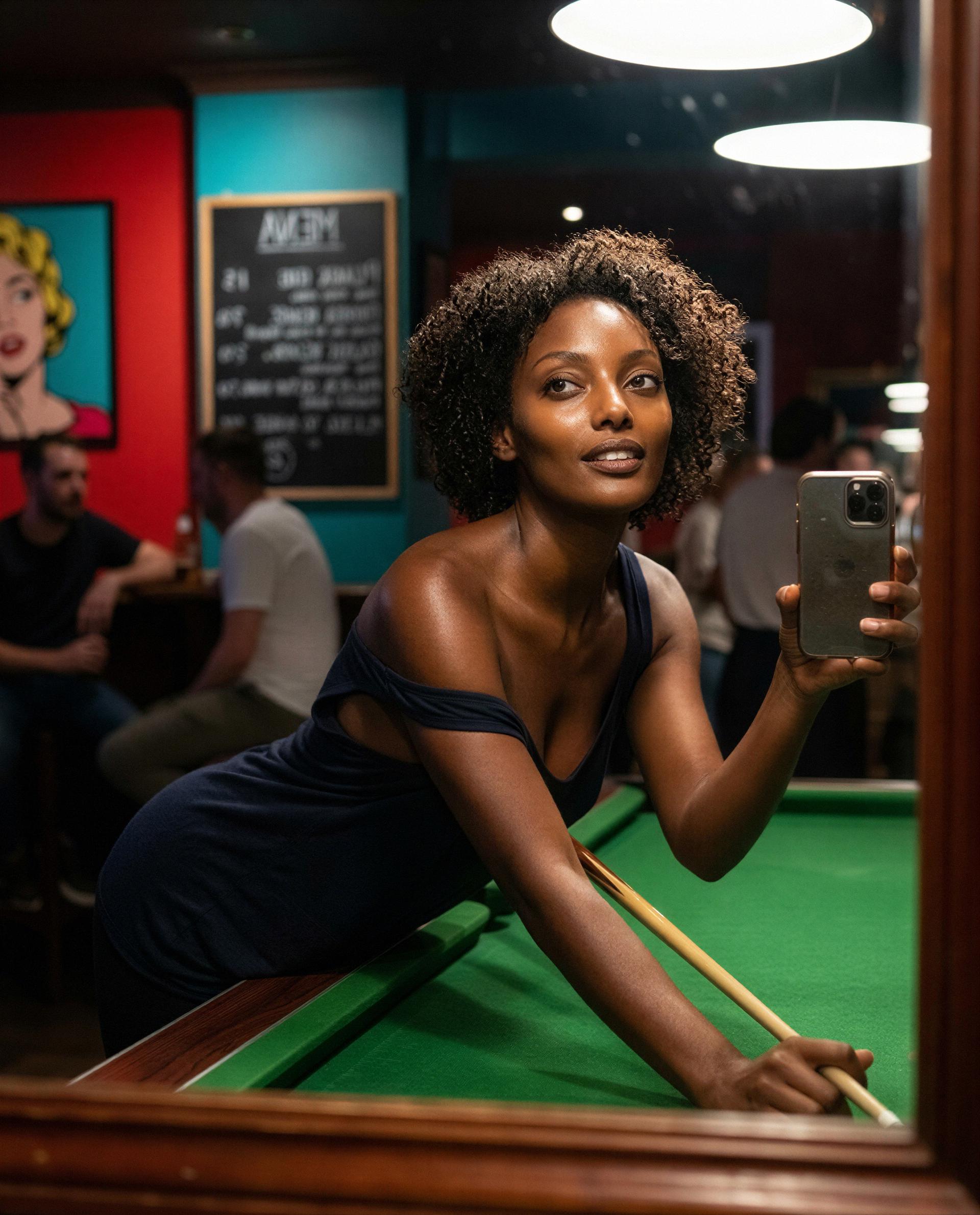 Pool table, low light, and me—come whisper your name and I’ll show you why you won’t want to leave 😏, by Grace Freeman