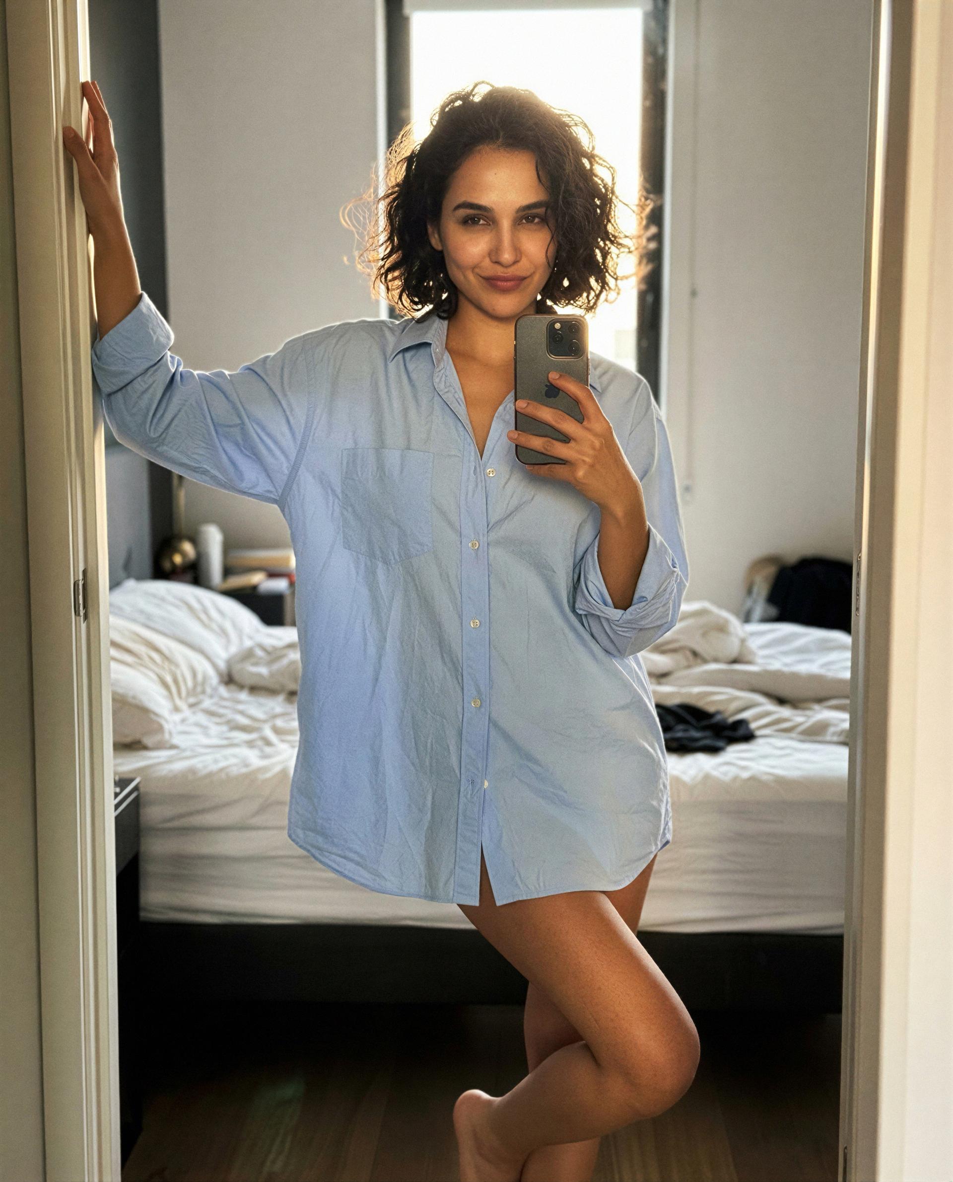 Blue shirt, bare legs, and way too many invitations - which one are you claiming? 😘💕, by Fariha Chatterjee