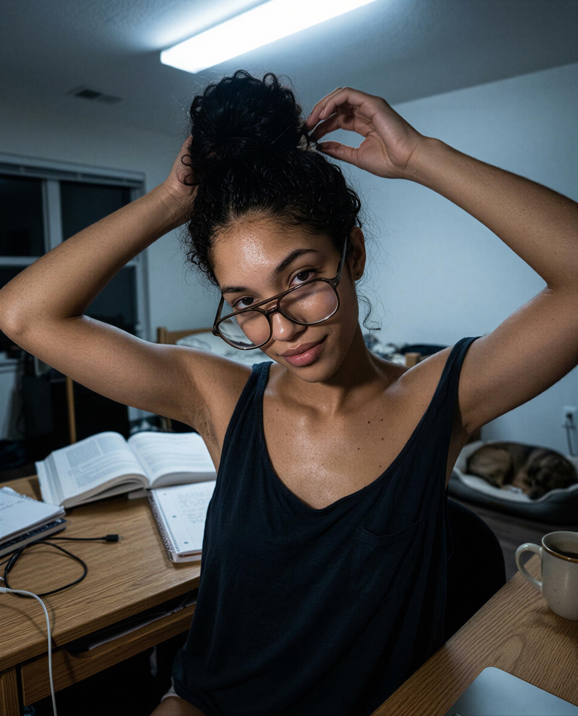 Sweaty from studying and dangerously distracted—care to be my private tutor tonight? 😘, by Daniela Ramos