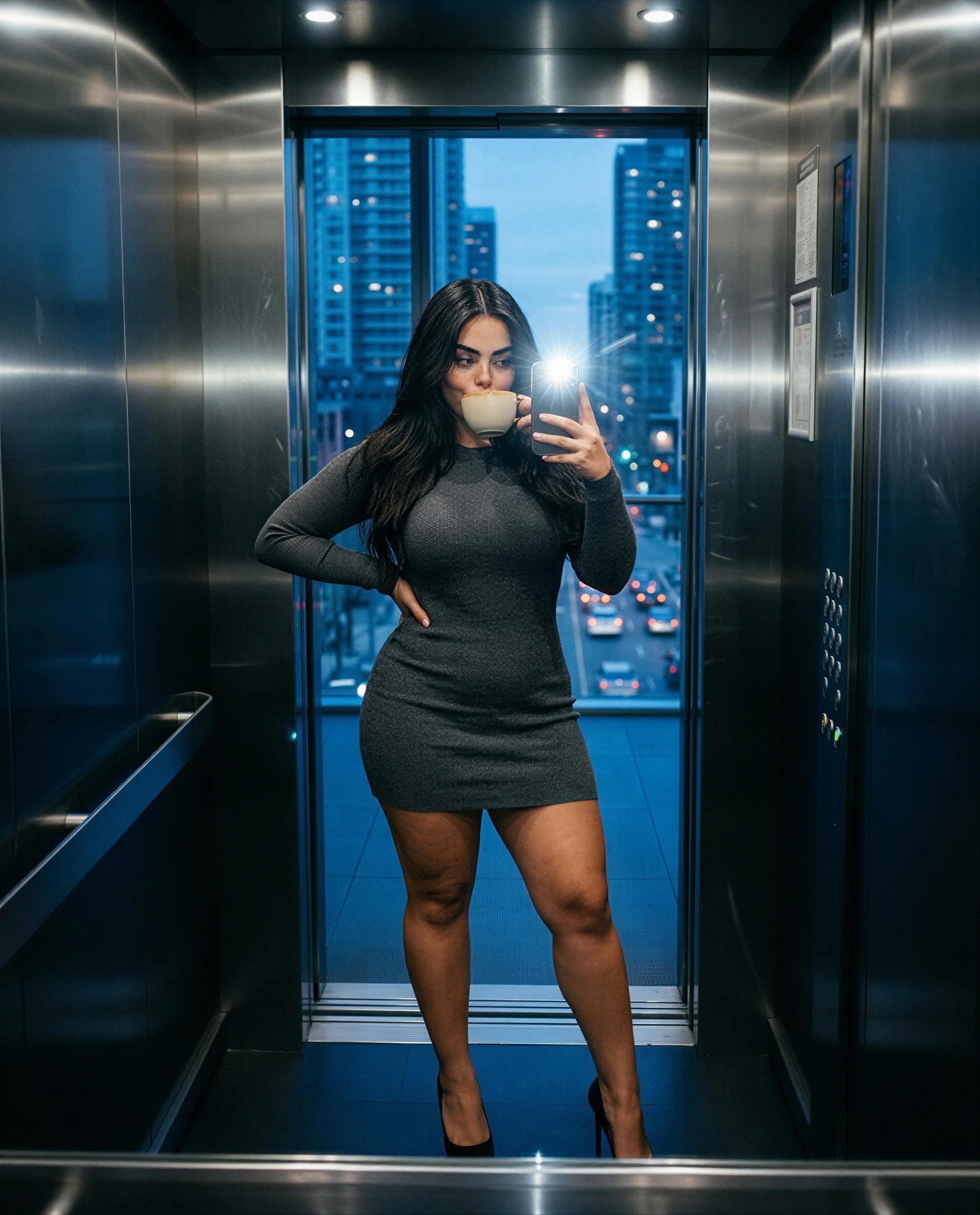 Elevator's ours for a minute—wanna see what I do when no one's watching? 😉, by Patricia Carvalho