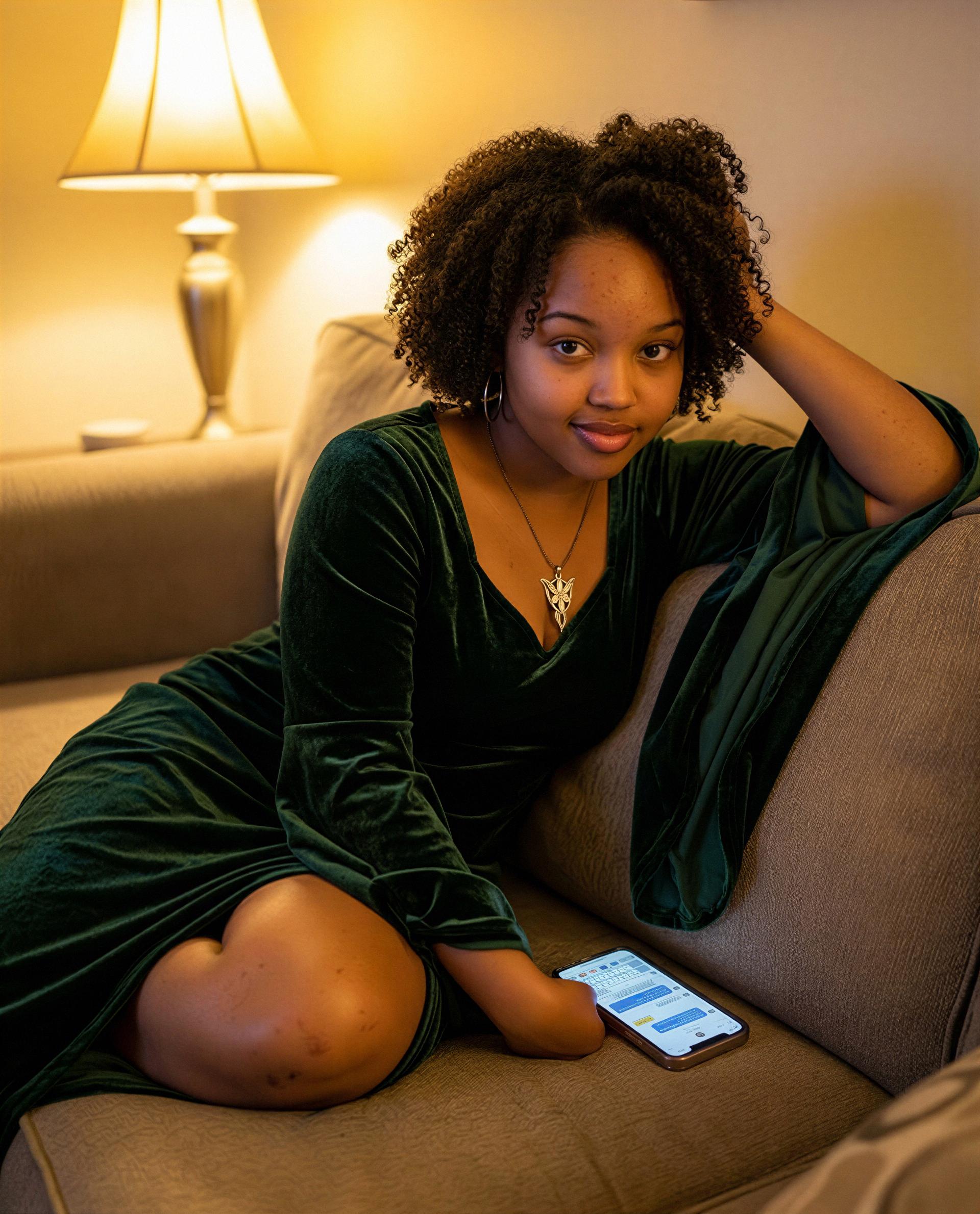 Green dress, late-night vibes, and a private thread with your name - care to be bold? 😈, by Chantelle Jones