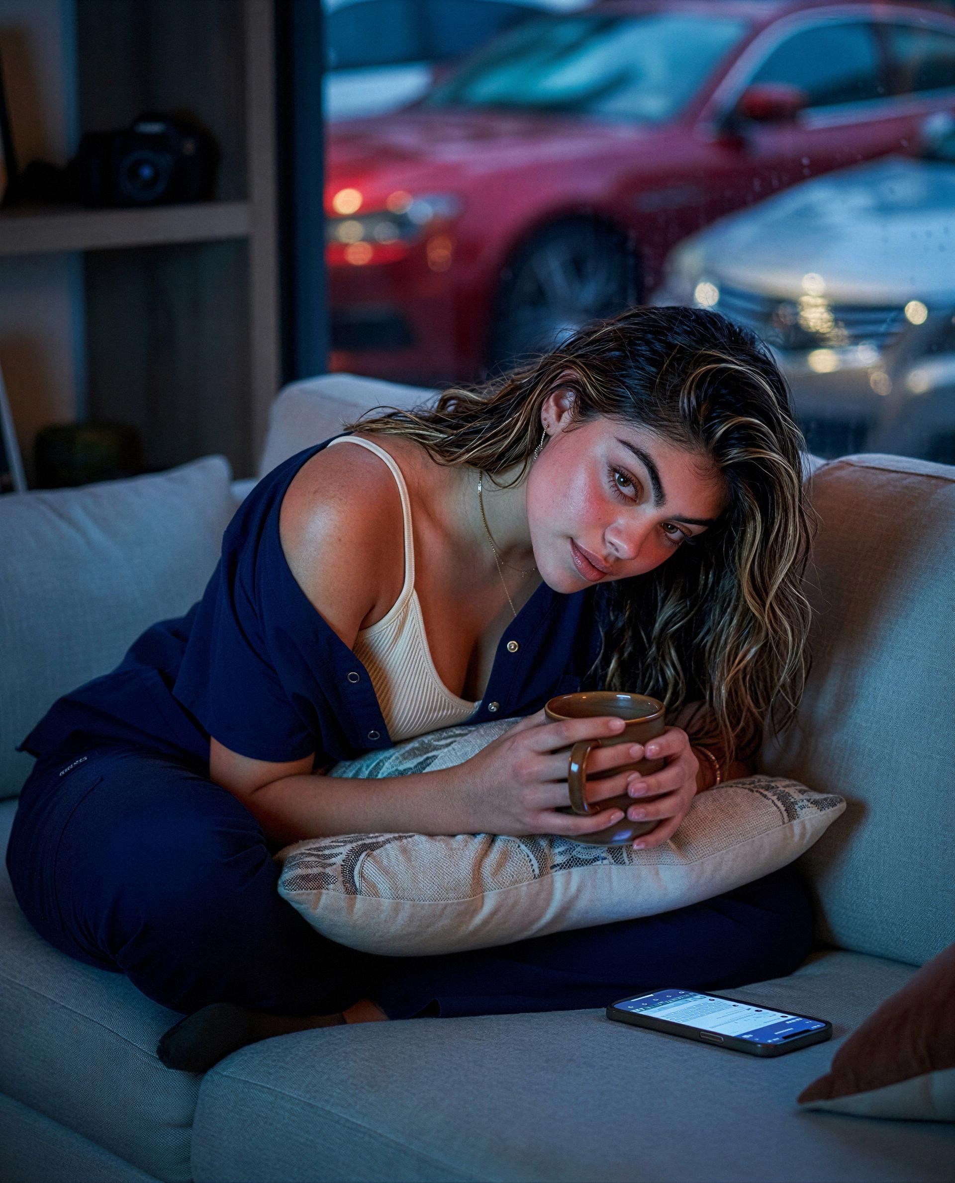 Mug warm, couch ready—ready to be my favorite late-night distraction? 😘, by Gabriela Moreno